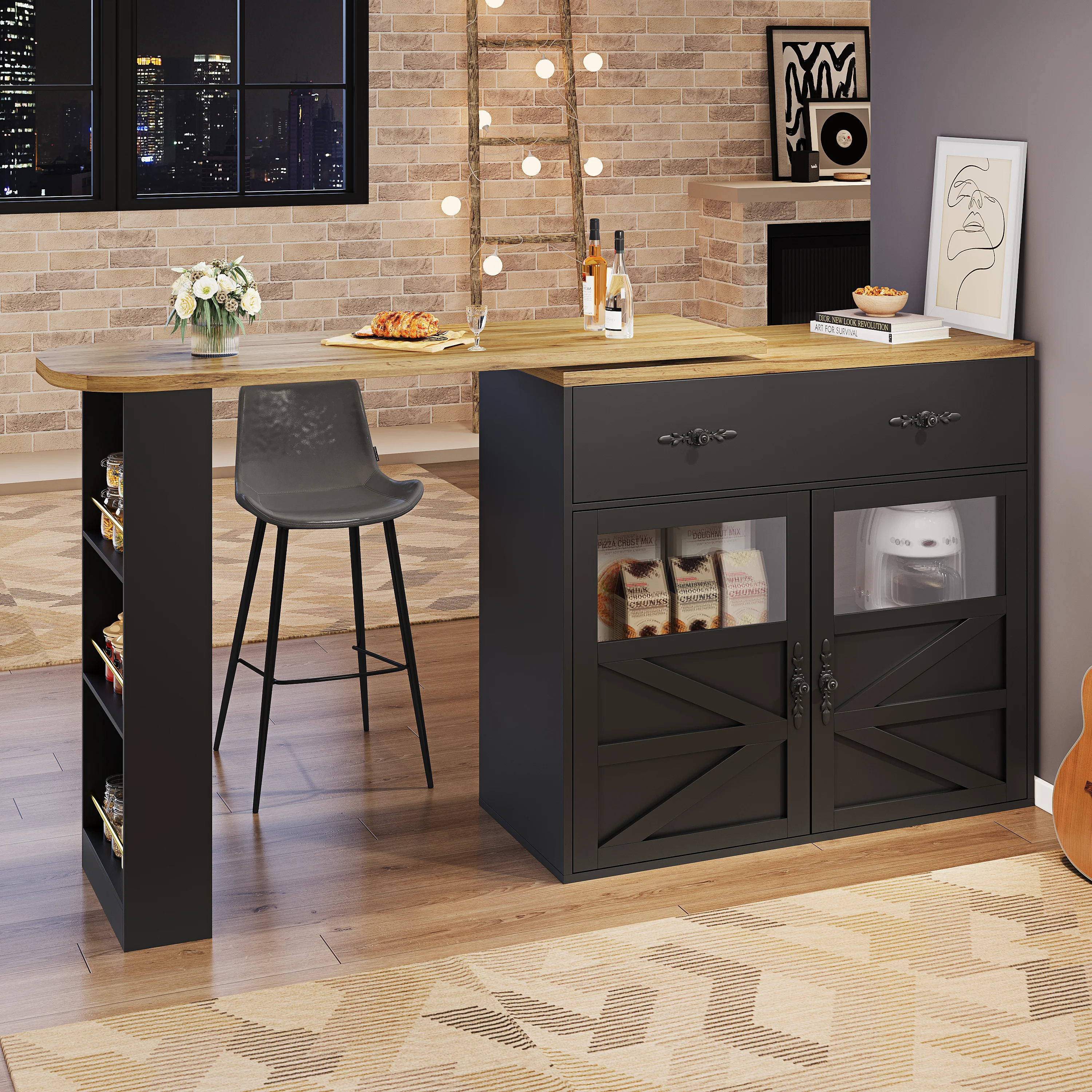 Bar Table Extendable 360° Rotating Storage Sideboard - Black - Image 5