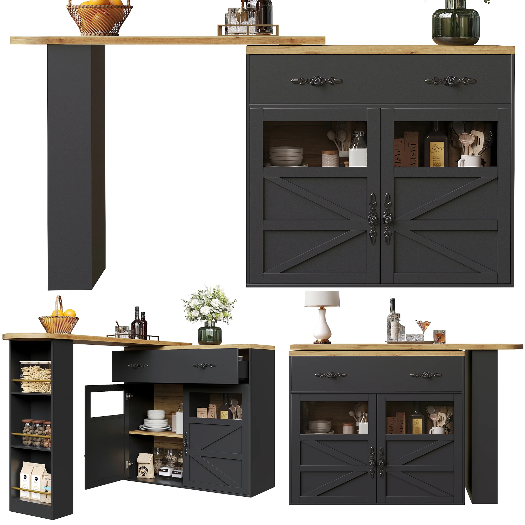 Bar Table Extendable 360° Rotating Storage Sideboard - Black - Image 6