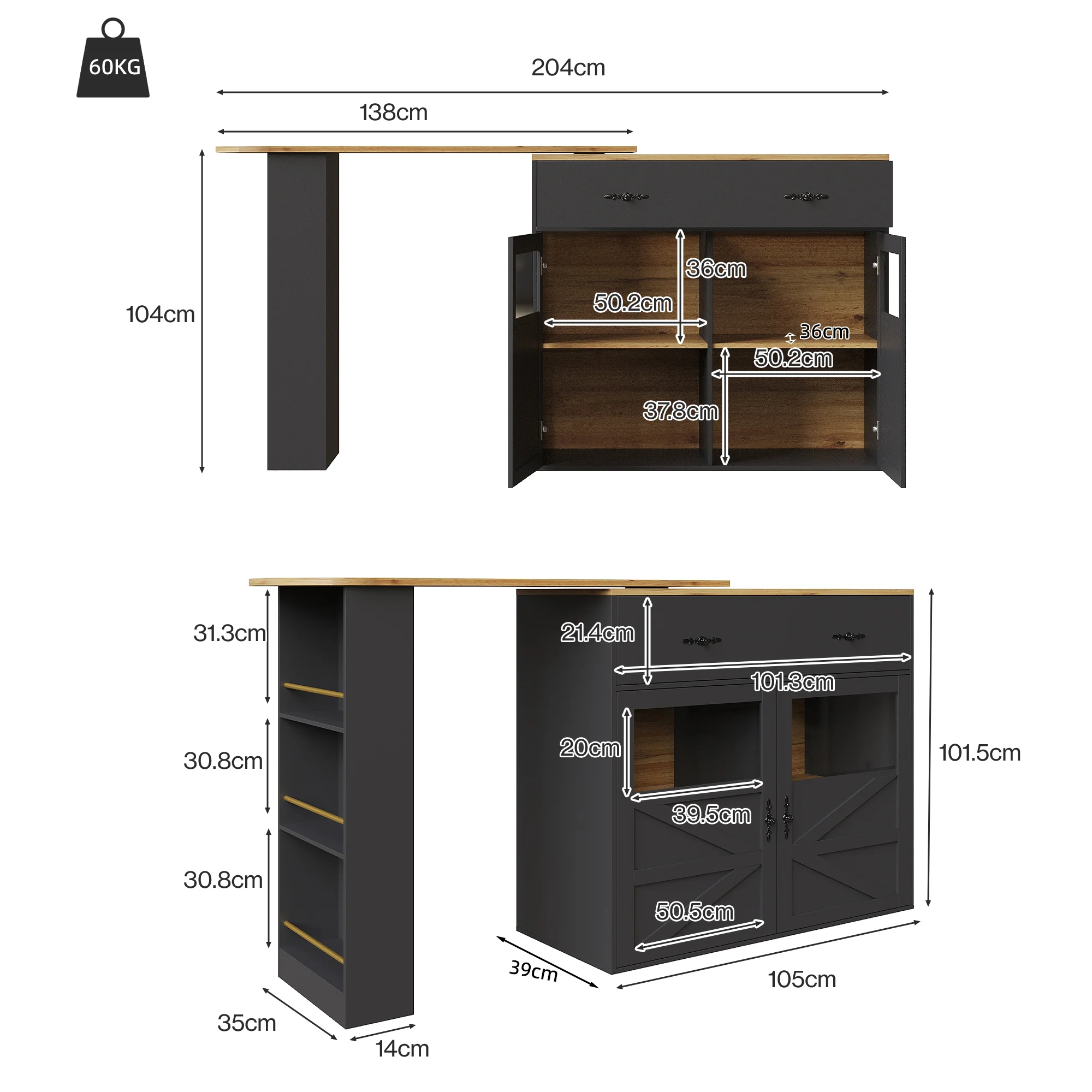 Bar Table Extendable 360° Rotating Storage Sideboard - Black - Image 7