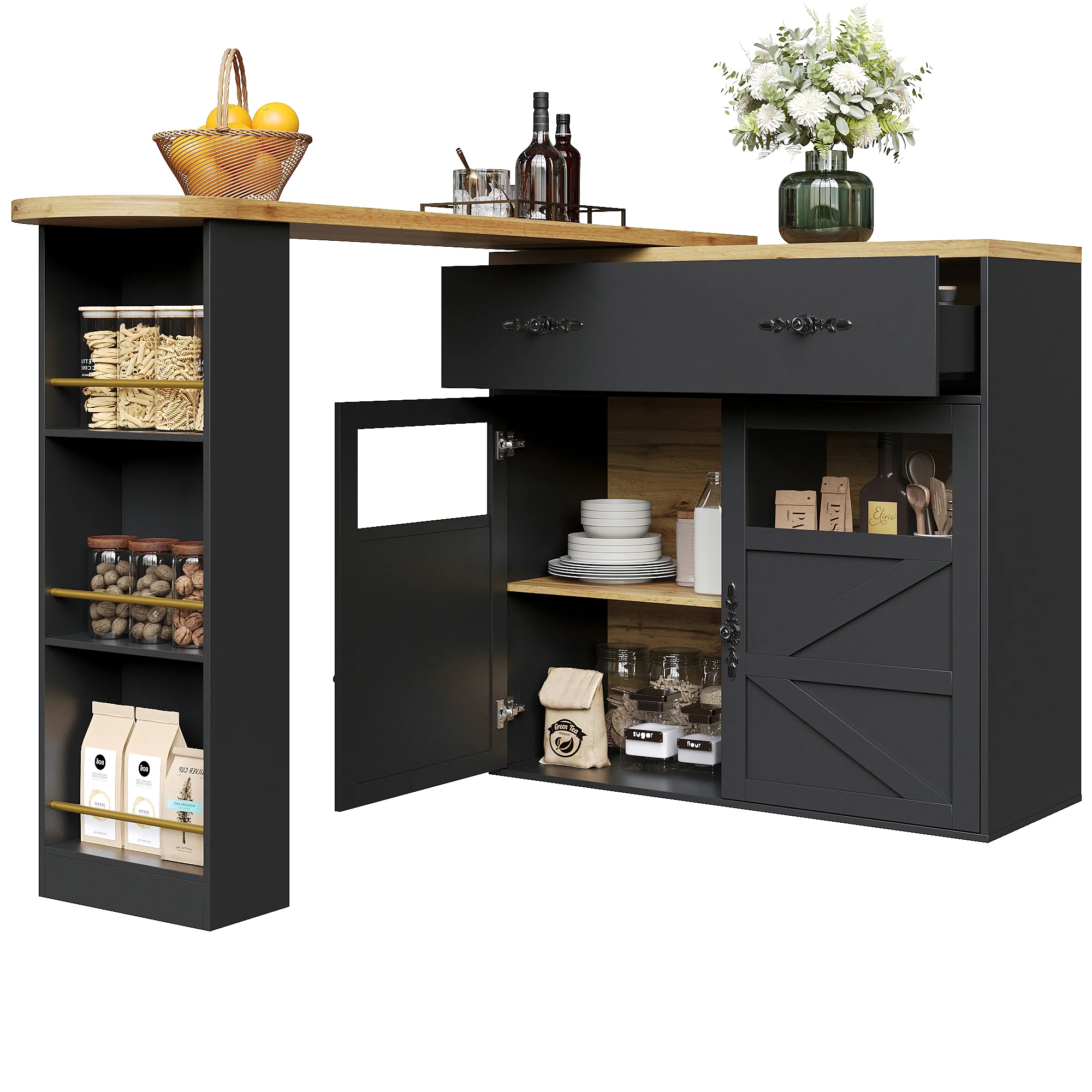 Bar Table Extendable 360° Rotating Storage Sideboard - Black - Image 8