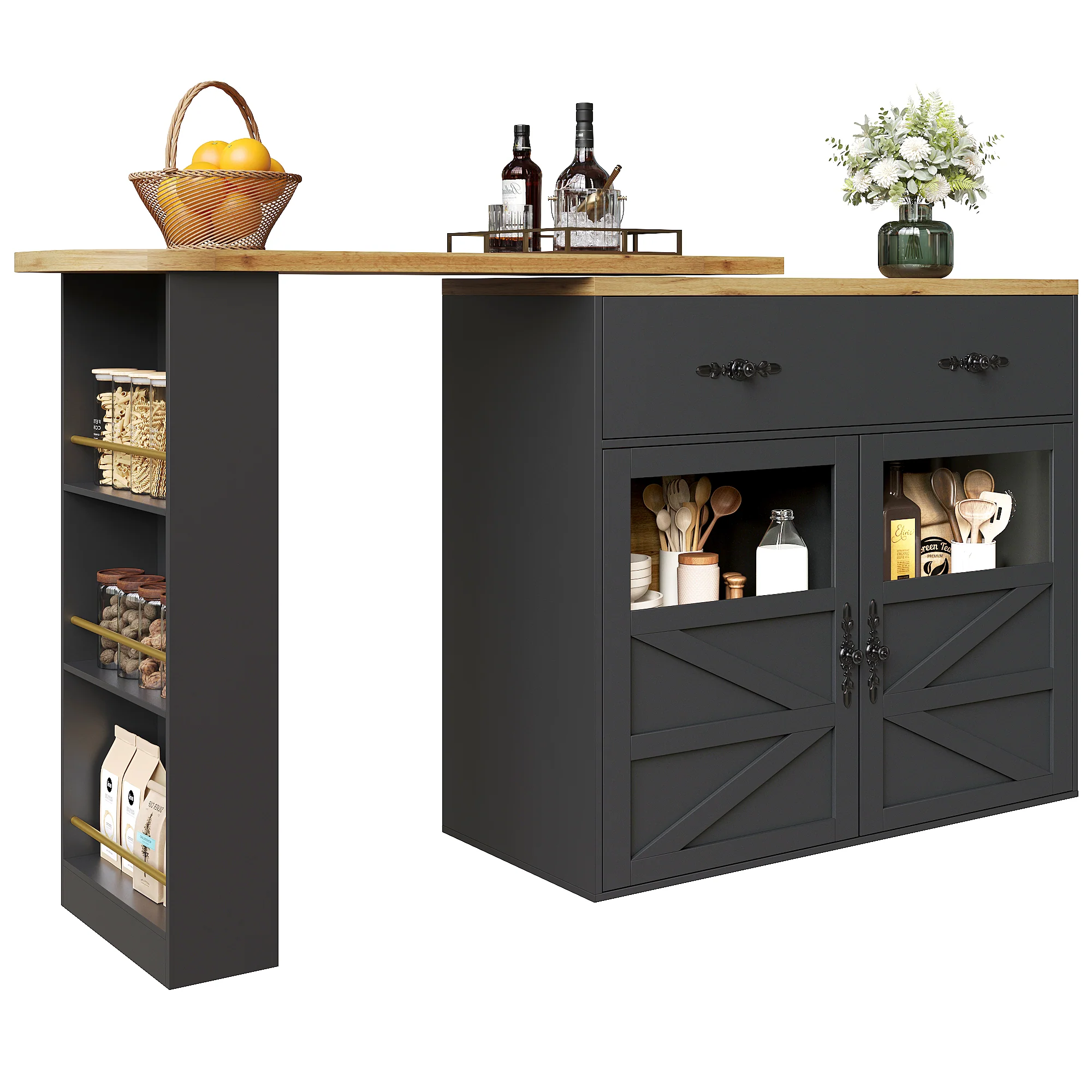 Bar Table Extendable 360° Rotating Storage Sideboard - Black - Image 9
