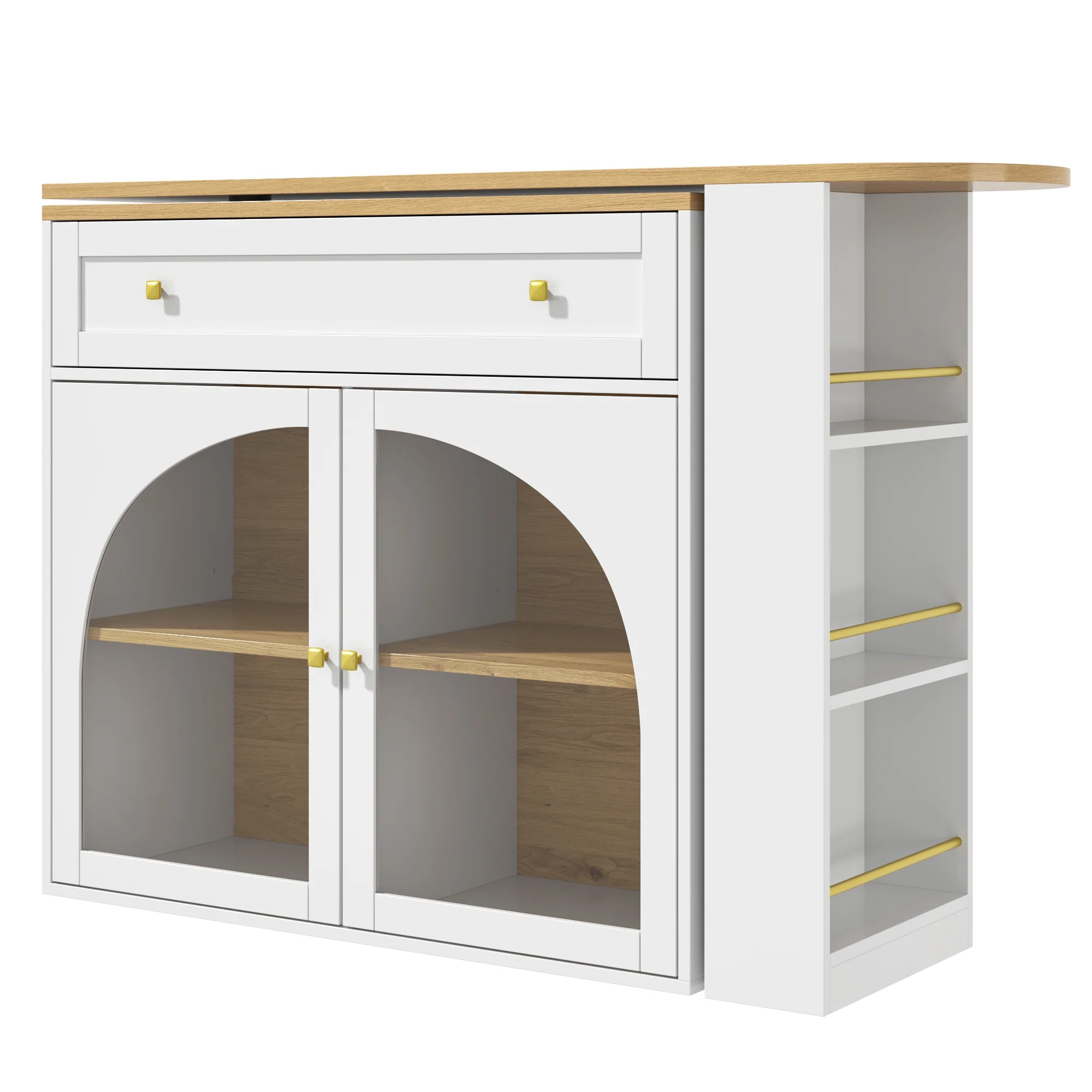 Bar Table Extendable 360° Rotating Storage with Shelves & Glass - White - Image 9