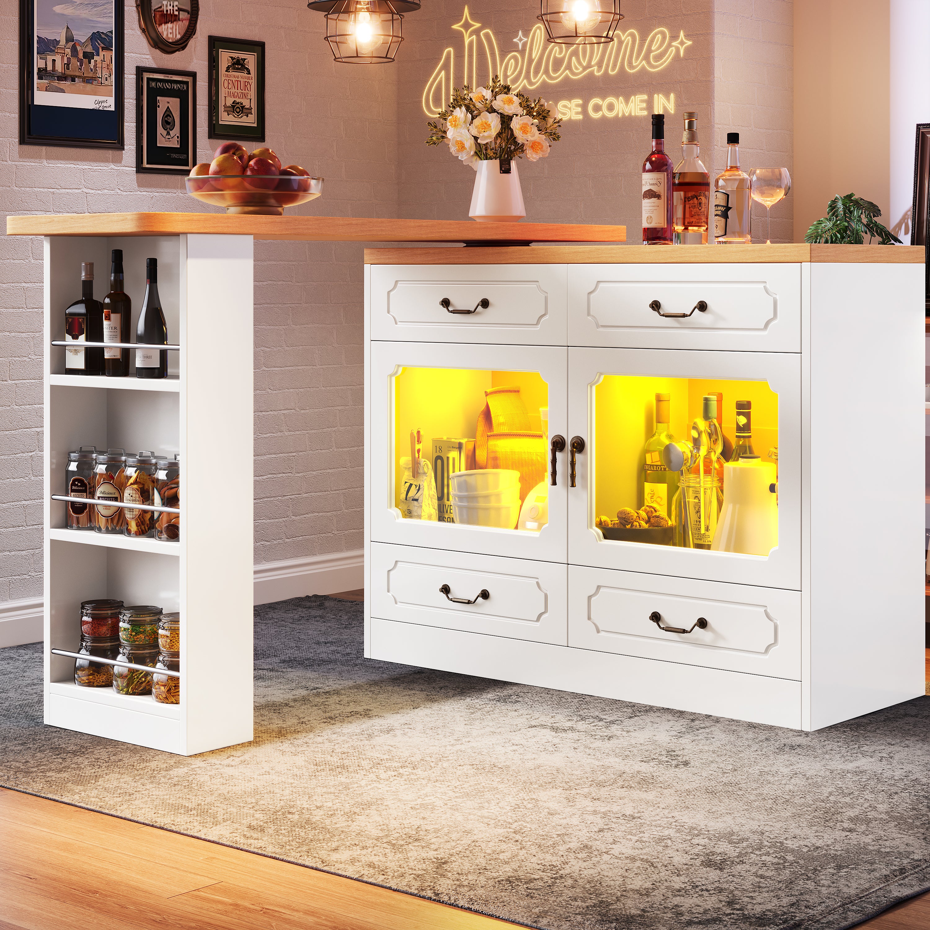 Bar Table Kitchen Island Extendable 360° Rotatable LED Storage White - Image 2