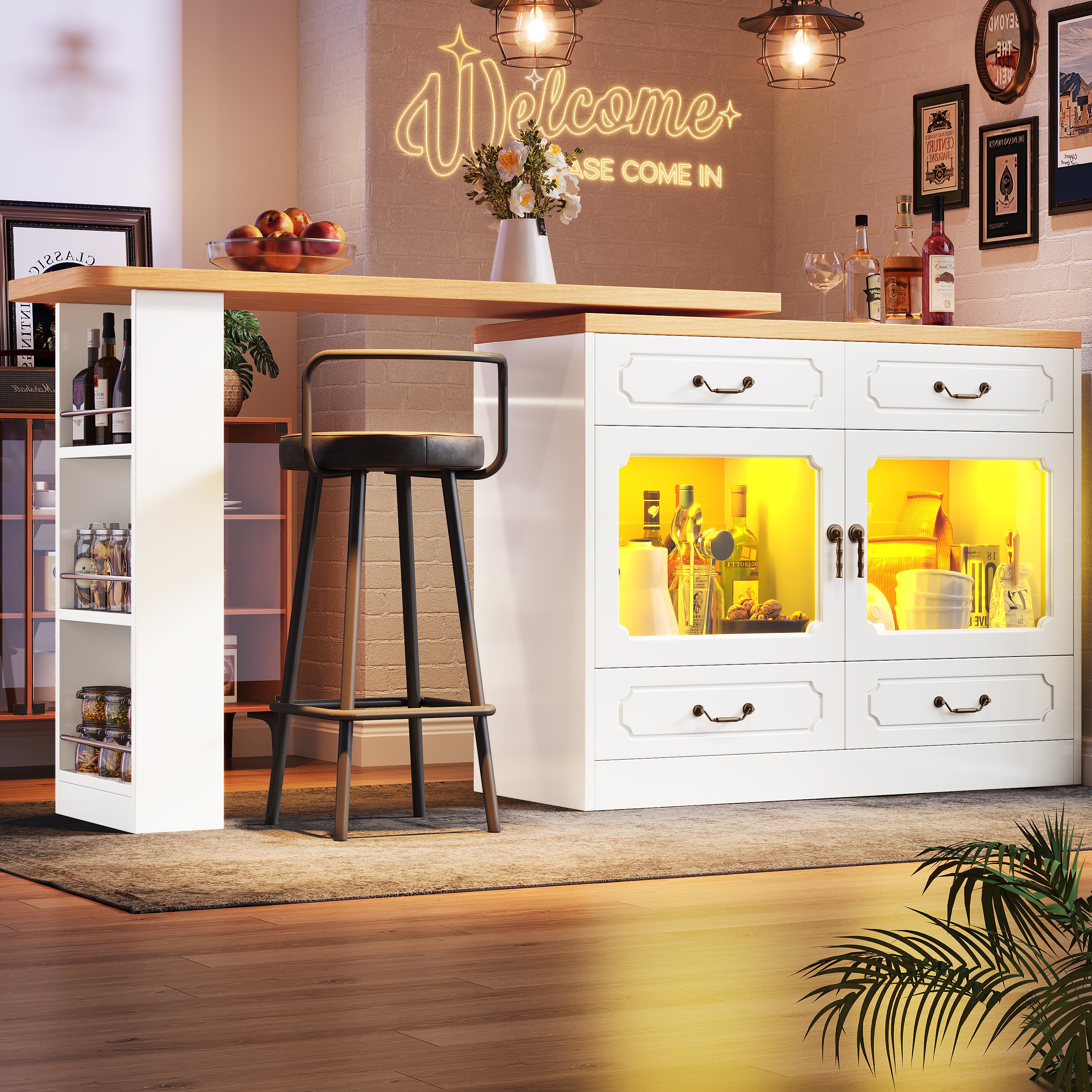 Bar Table Kitchen Island Extendable 360° Rotatable LED Storage White - Image 3