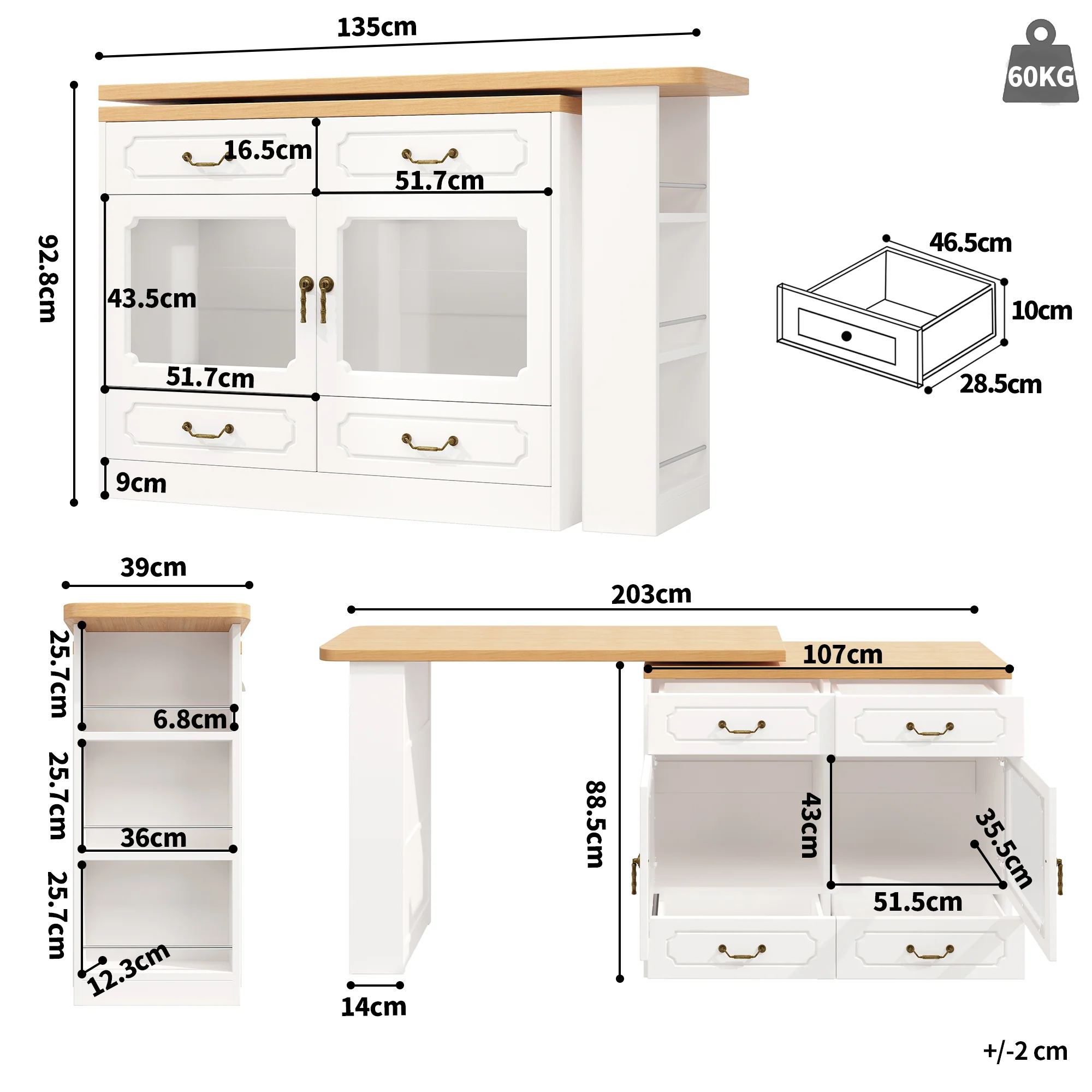 Bar Table Kitchen Island Extendable 360° Rotatable LED Storage White - Image 4
