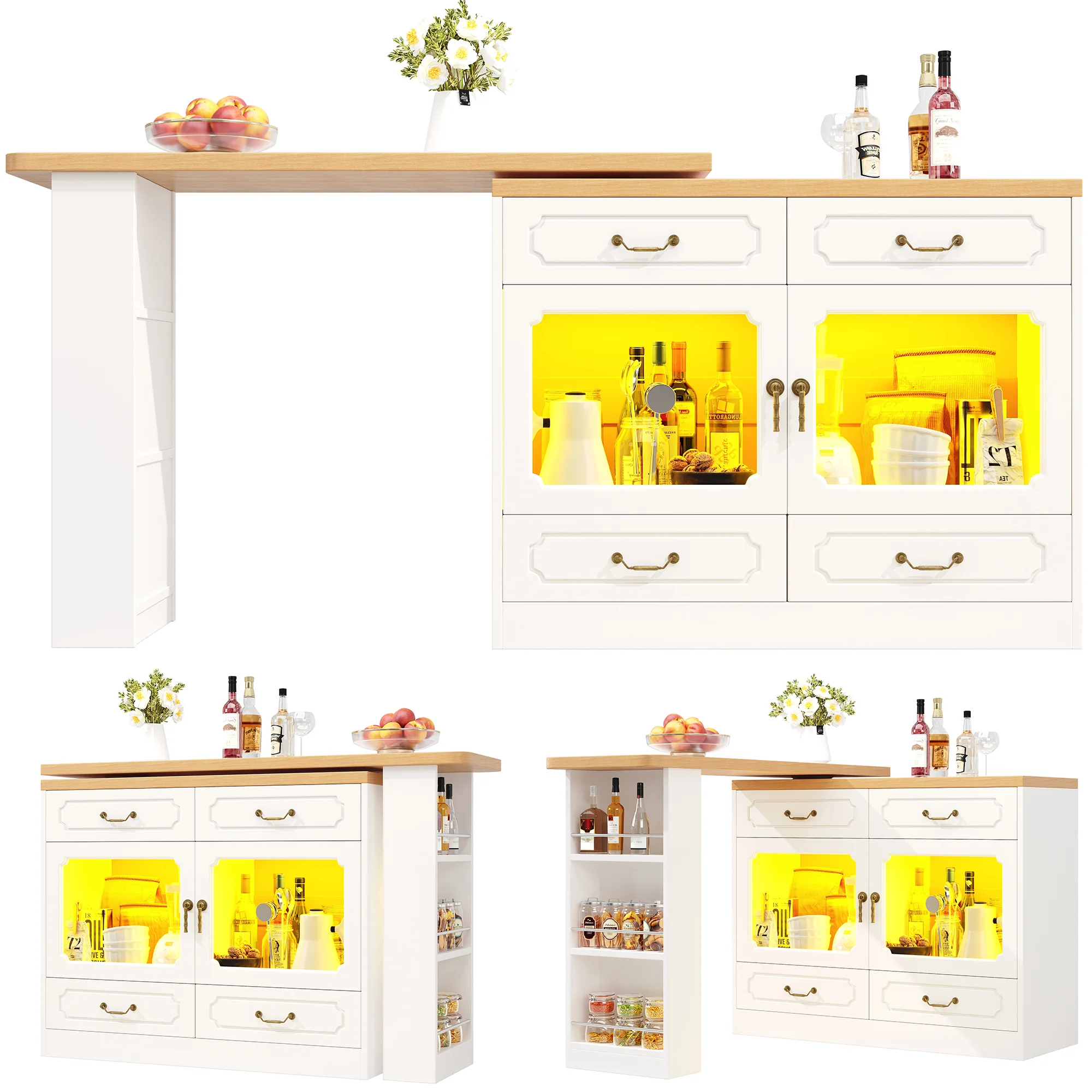 Bar Table Kitchen Island Extendable 360° Rotatable LED Storage White - Image 5