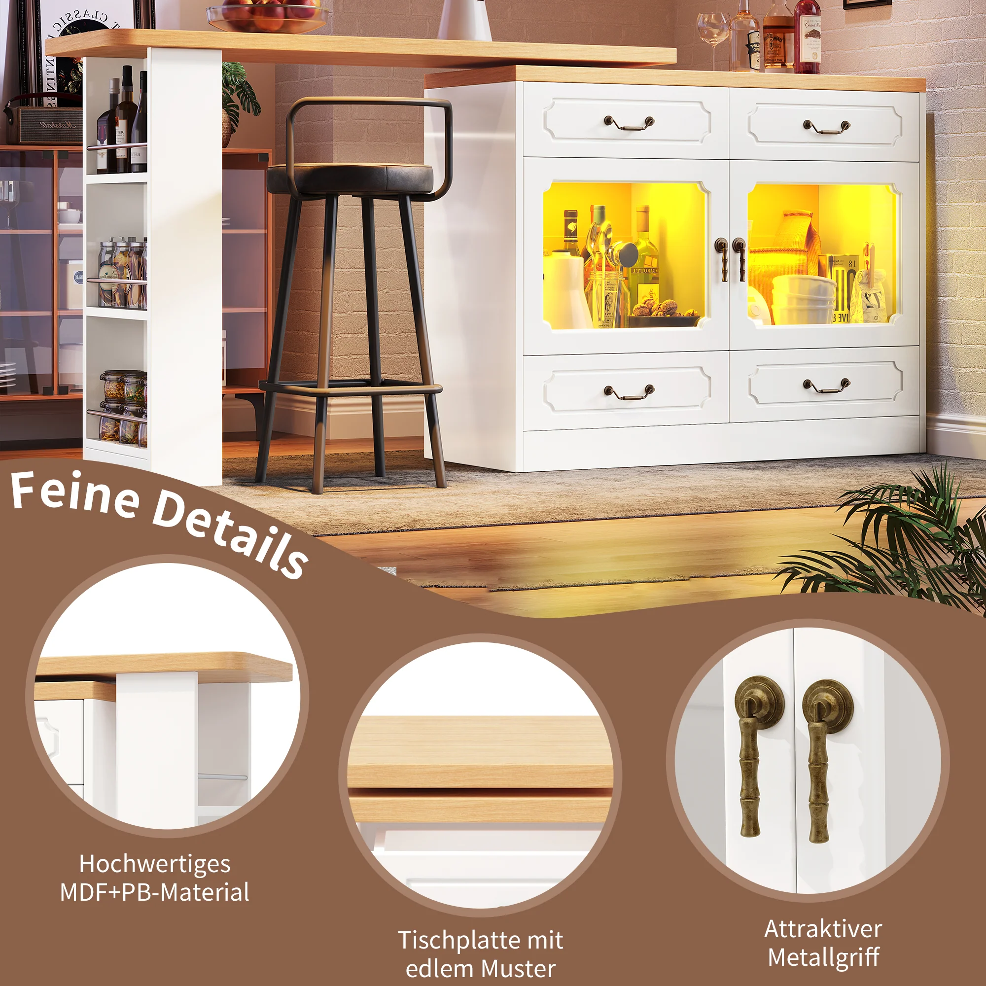 Bar Table Kitchen Island Extendable 360° Rotatable LED Storage White - Image 6