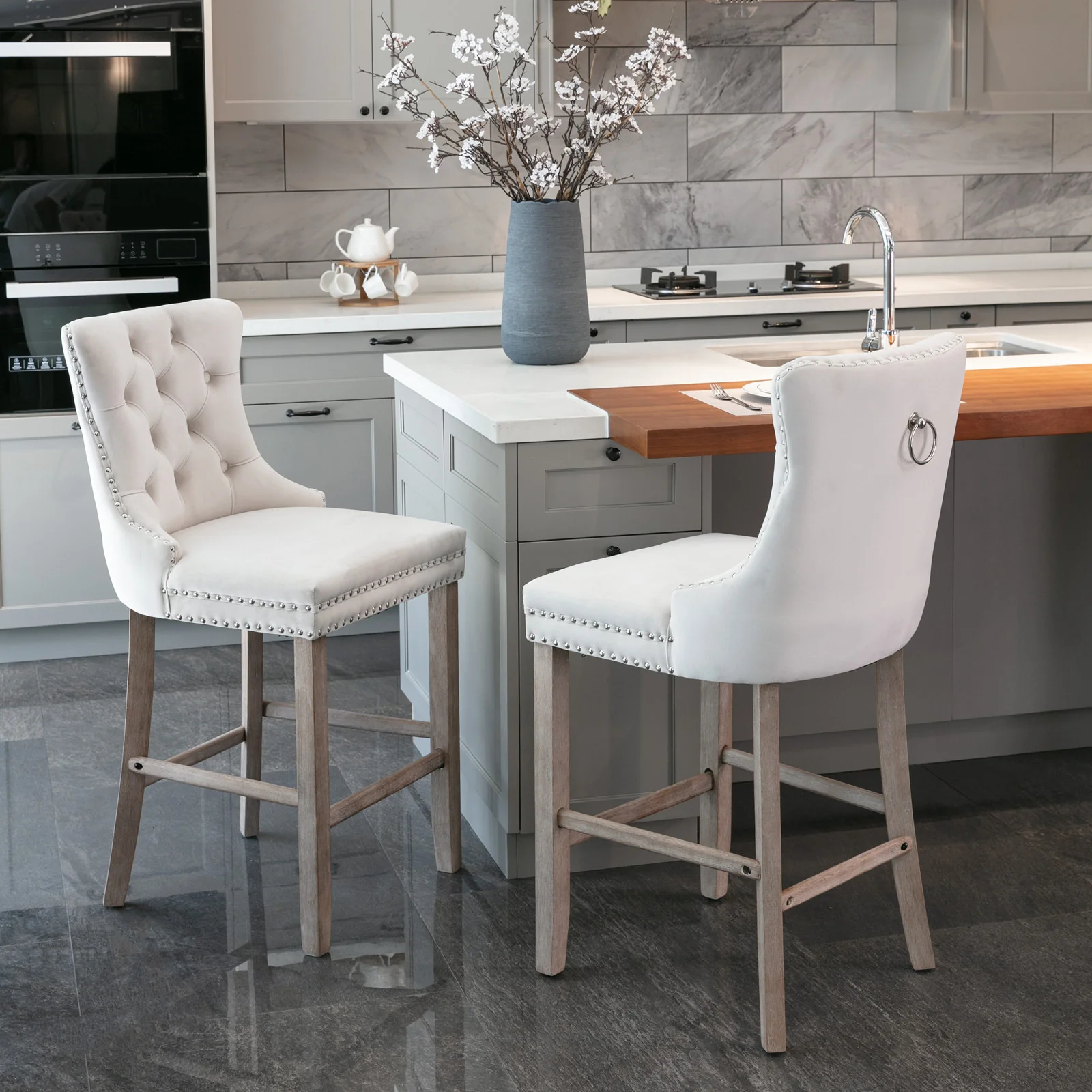 Barstools Set of 2 Contemporary Velvet Upholstered Button Tufted Wooden Legs Beige