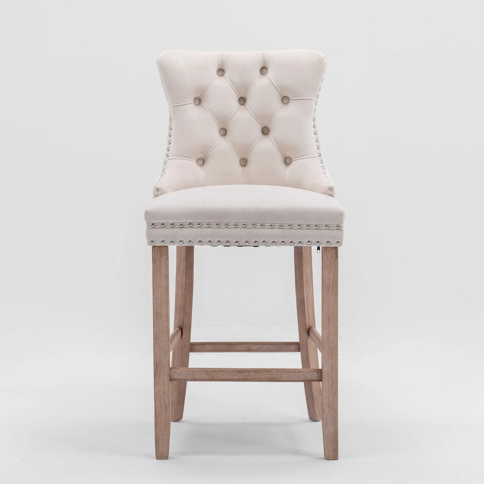 Barstools Set of 2 Contemporary Velvet Upholstered Button Tufted Wooden Legs Beige - Image 2