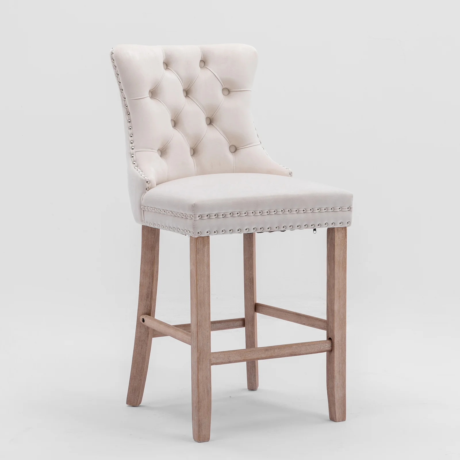Barstools Set of 2 Contemporary Velvet Upholstered Button Tufted Wooden Legs Beige - Image 3