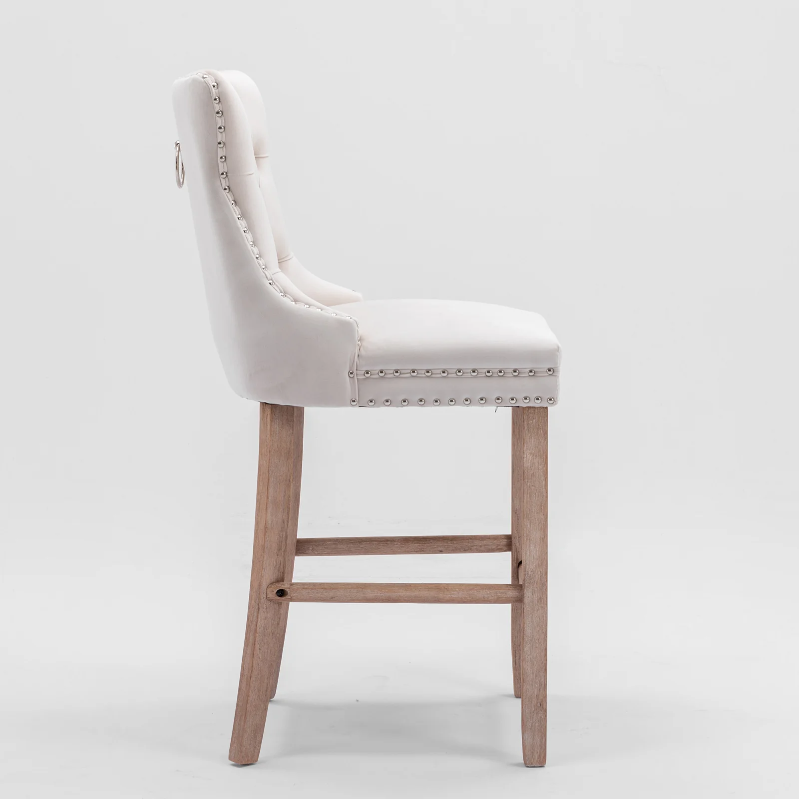 Barstools Set of 2 Contemporary Velvet Upholstered Button Tufted Wooden Legs Beige - Image 4