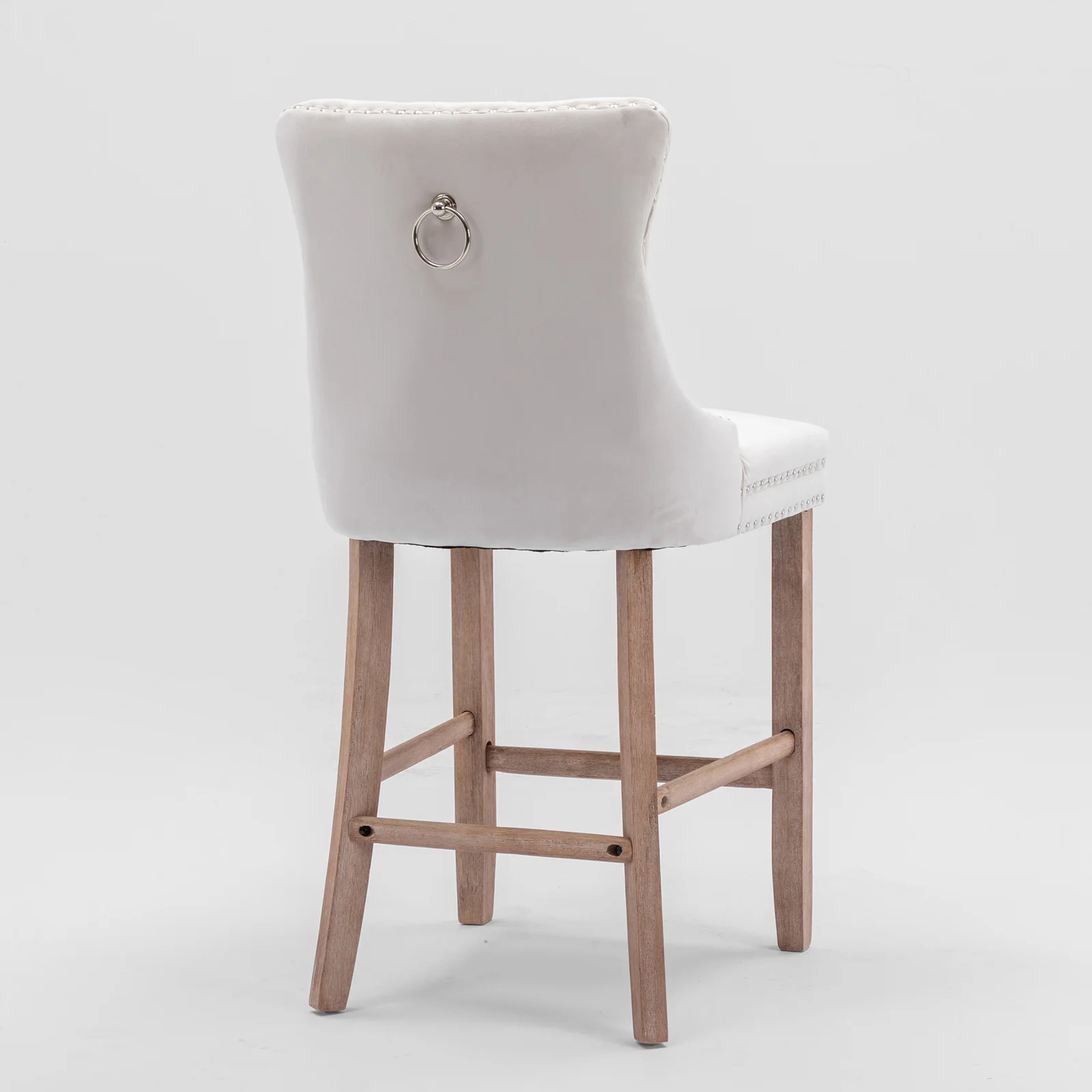 Barstools Set of 2 Contemporary Velvet Upholstered Button Tufted Wooden Legs Beige - Image 5