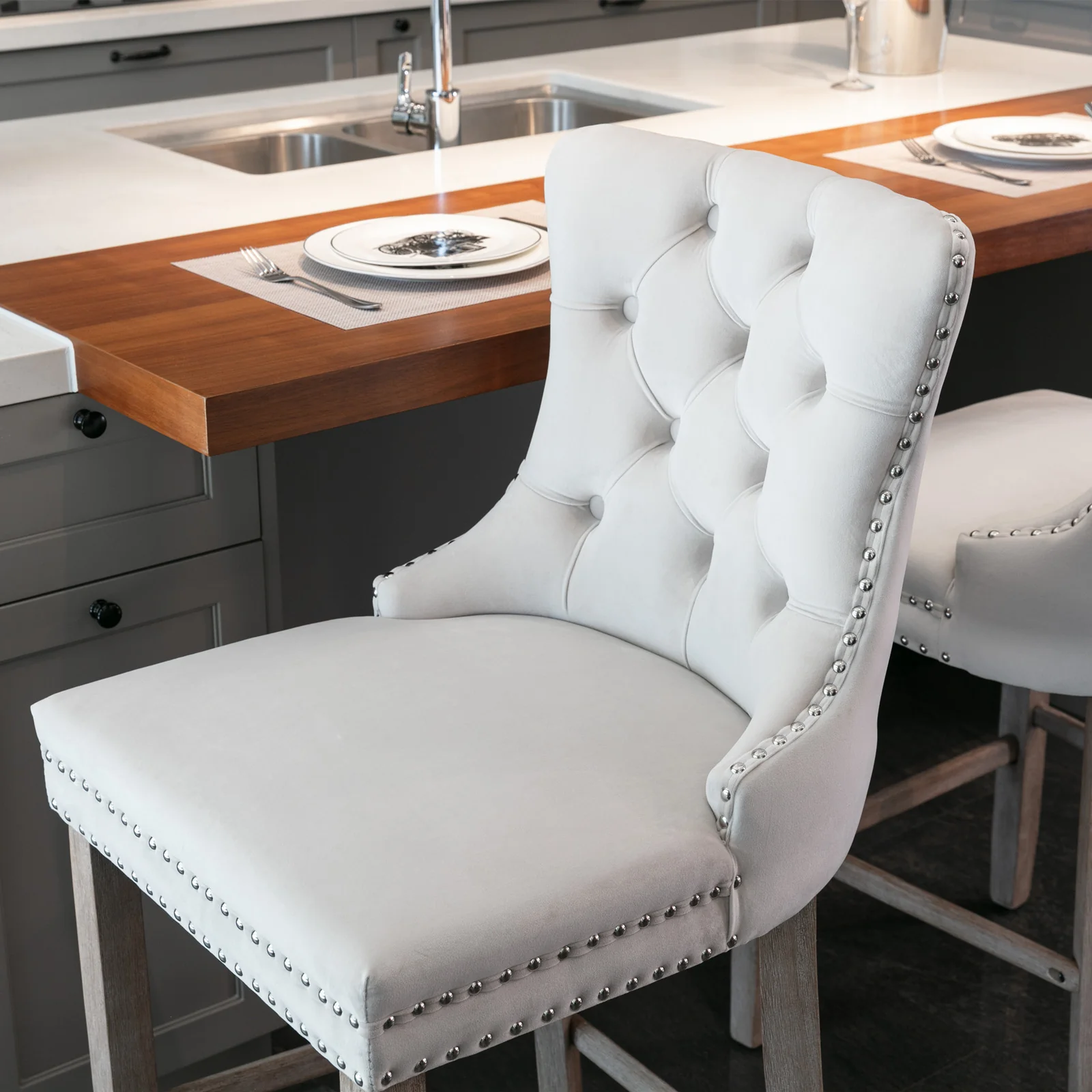 Barstools Set of 2 Contemporary Velvet Upholstered Button Tufted Wooden Legs Beige - Image 8