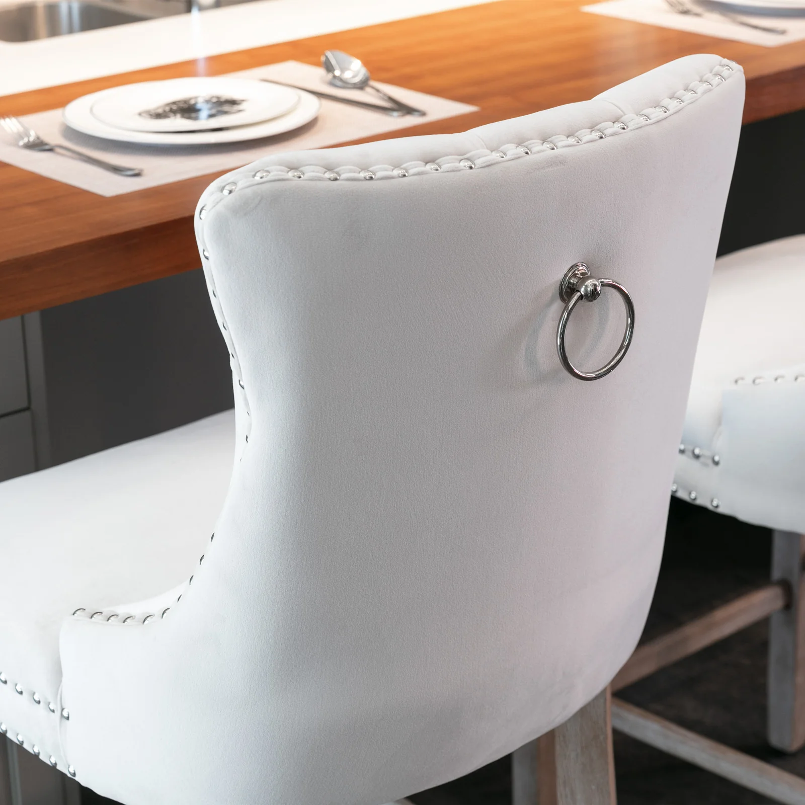 Barstools Set of 2 Contemporary Velvet Upholstered Button Tufted Wooden Legs Beige - Image 9