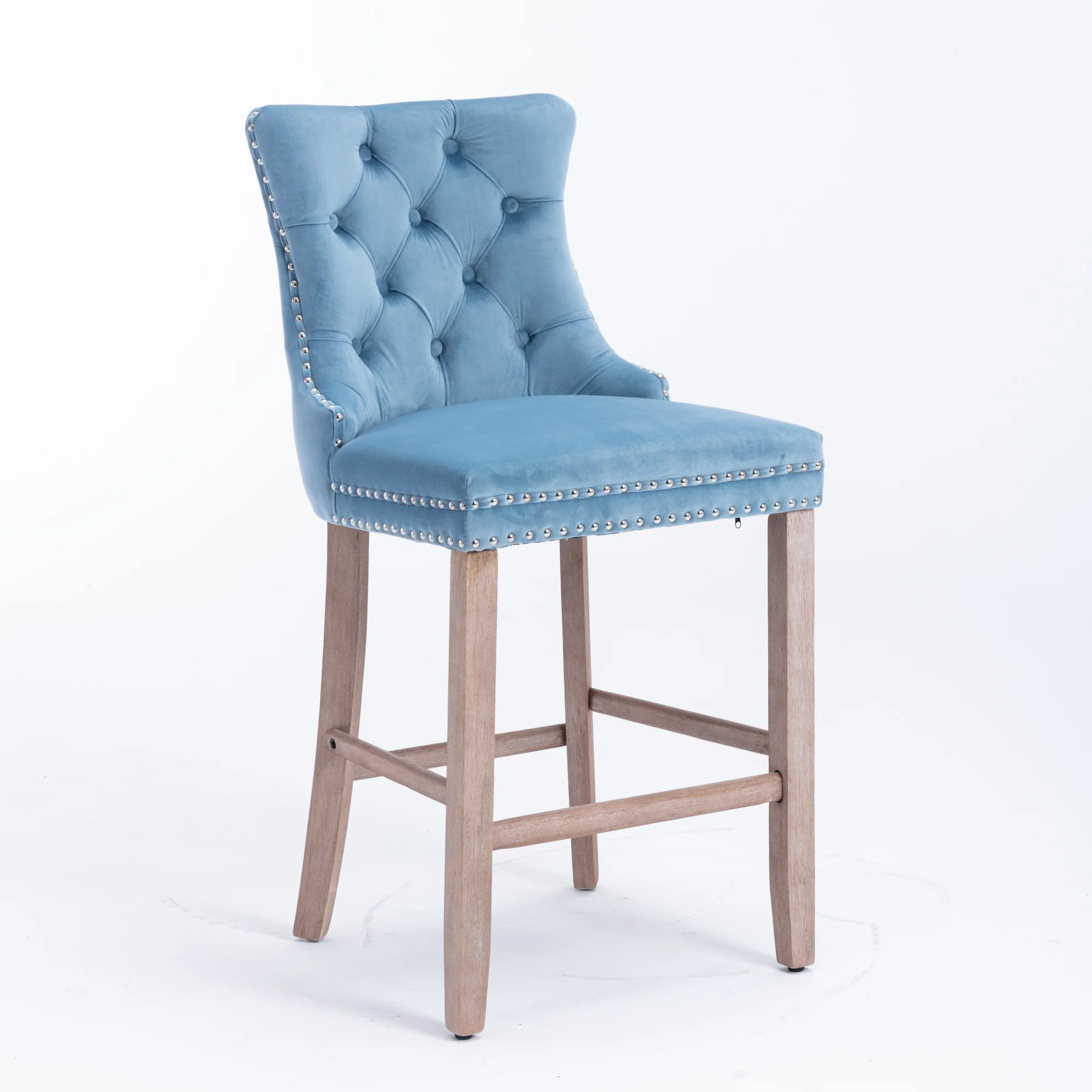 Barstools Set of 2 Velvet Upholstered Button Tufted Wooden Legs - Light Blue - Image 3