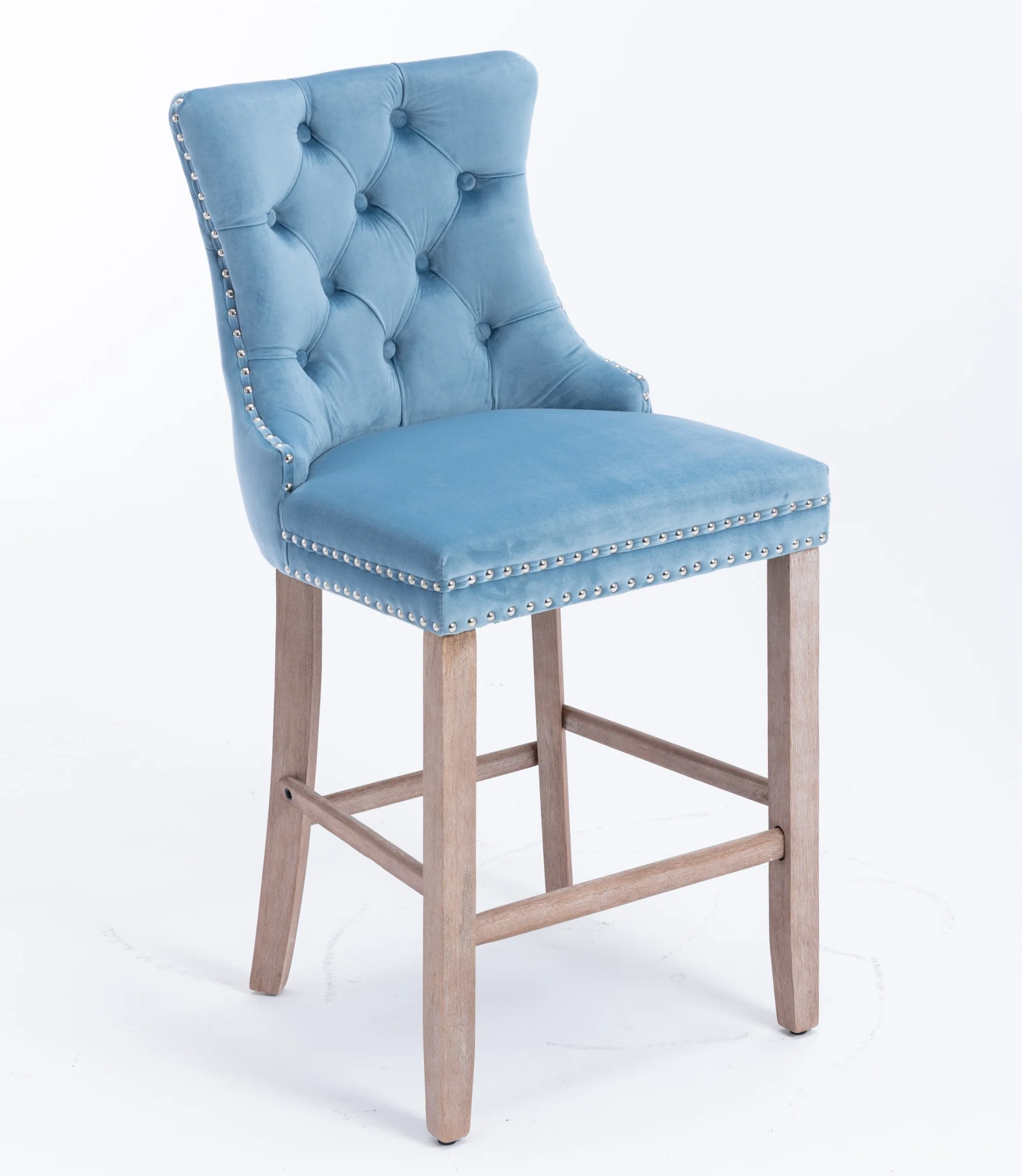 Barstools Set of 2 Velvet Upholstered Button Tufted Wooden Legs - Light Blue - Image 4