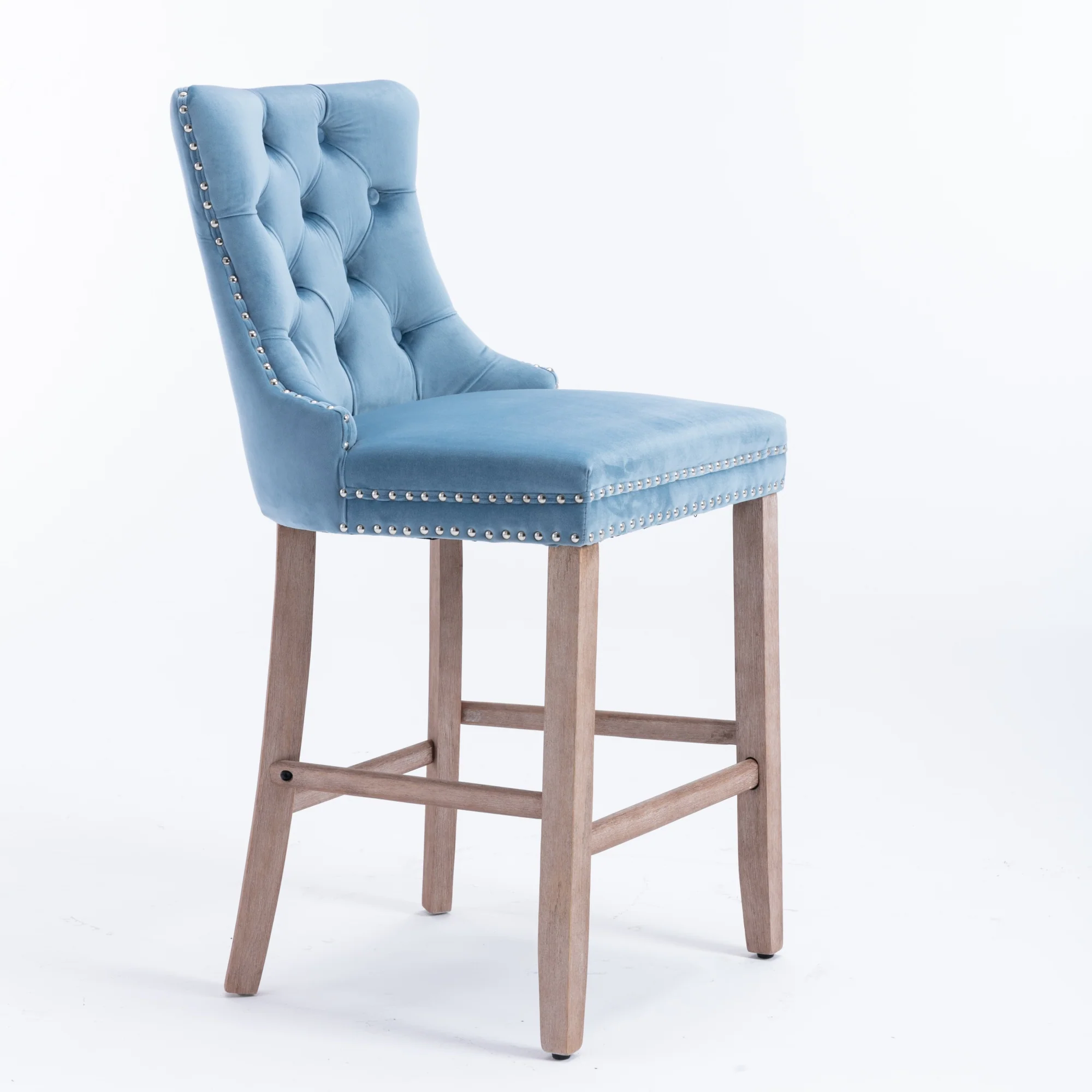 Barstools Set of 2 Velvet Upholstered Button Tufted Wooden Legs - Light Blue - Image 5