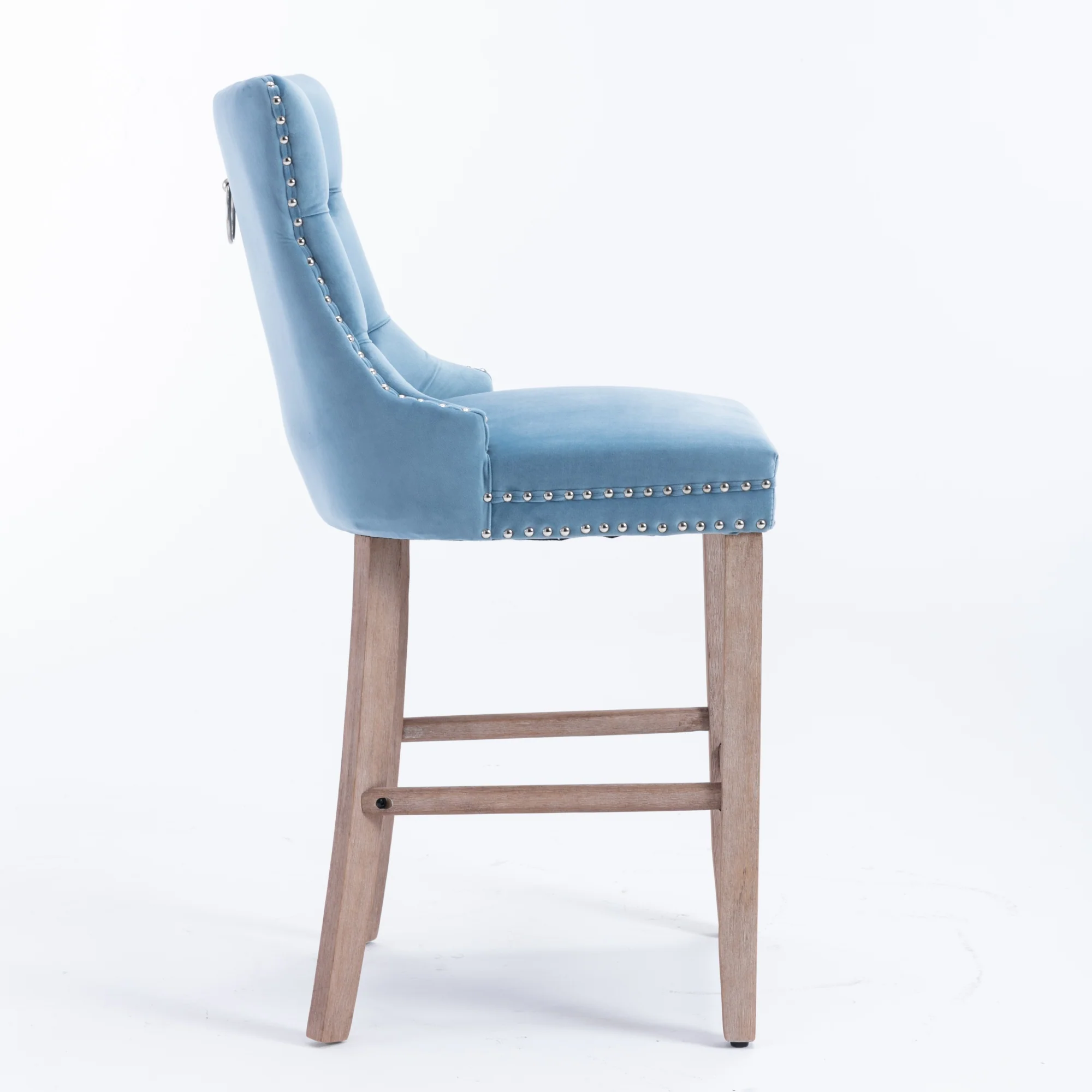 Barstools Set of 2 Velvet Upholstered Button Tufted Wooden Legs - Light Blue - Image 6
