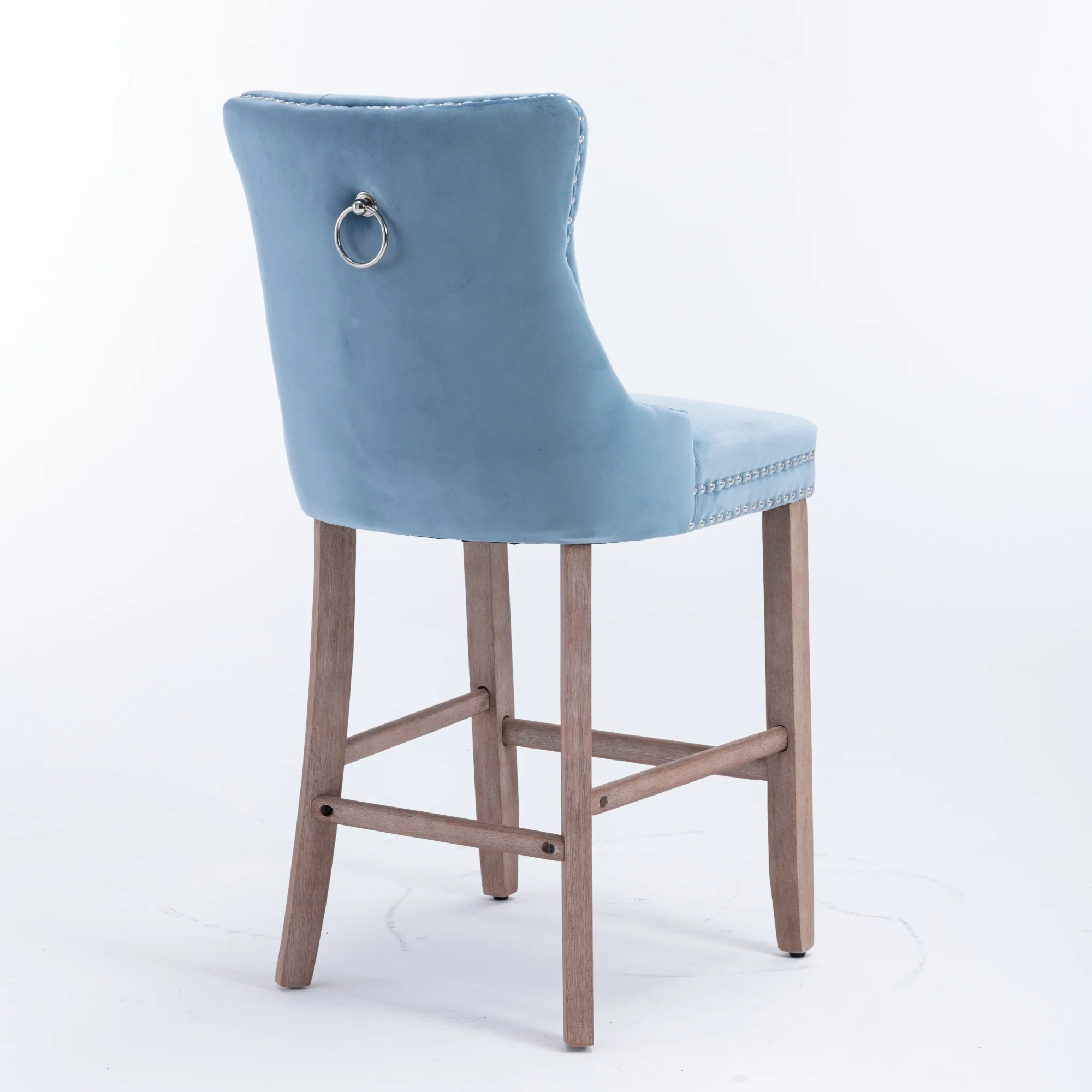 Barstools Set of 2 Velvet Upholstered Button Tufted Wooden Legs - Light Blue - Image 7