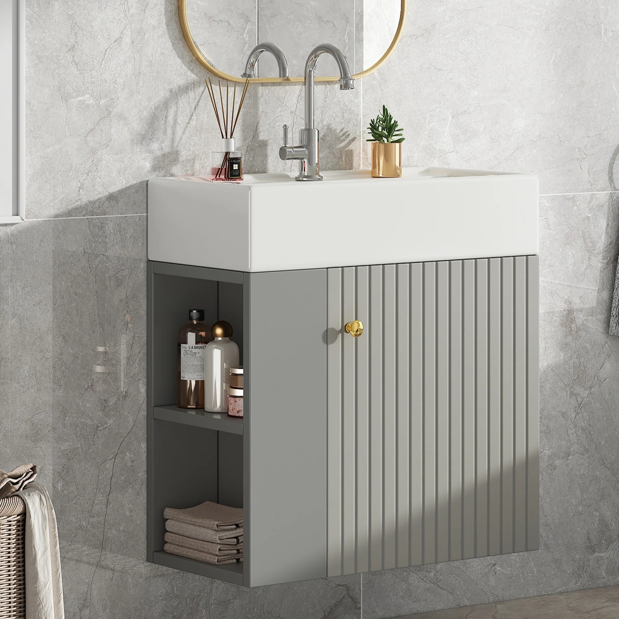 Bathroom Furniture Washbasin with Vanity Unit 55cm, Hanging, Light Grey - Image 3
