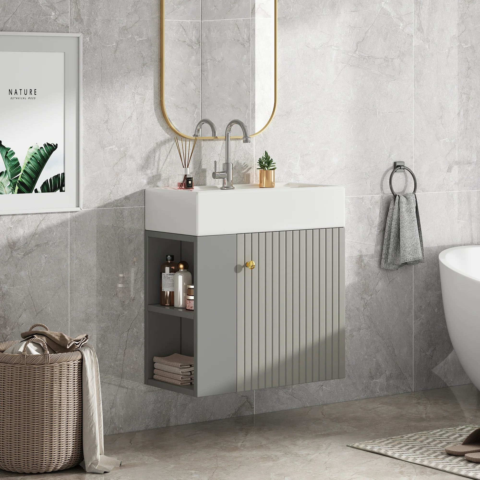 Bathroom Furniture Washbasin with Vanity Unit 55cm, Hanging, Light Grey - Image 6