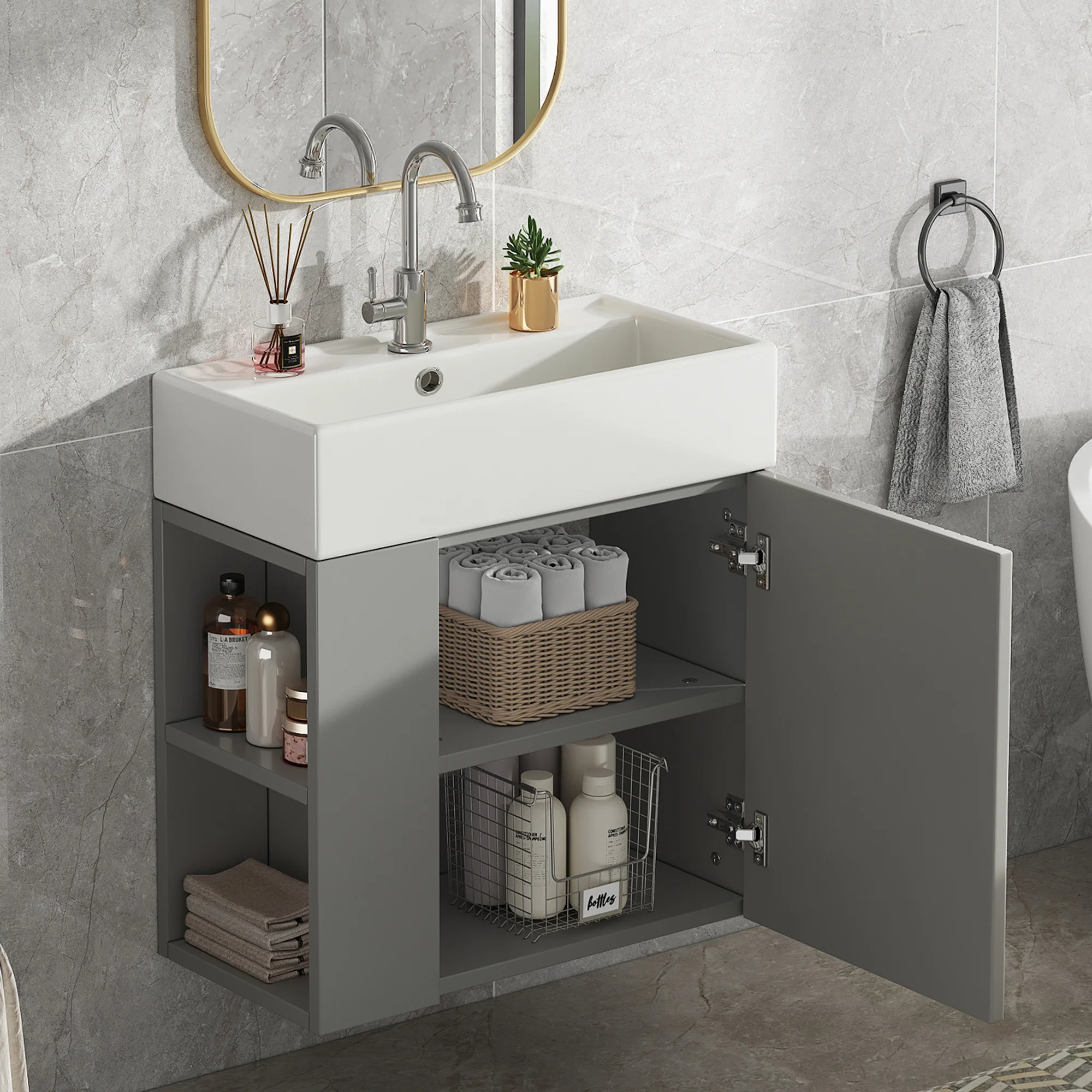 Bathroom Furniture Washbasin with Vanity Unit 55cm, Hanging, Light Grey - Image 7