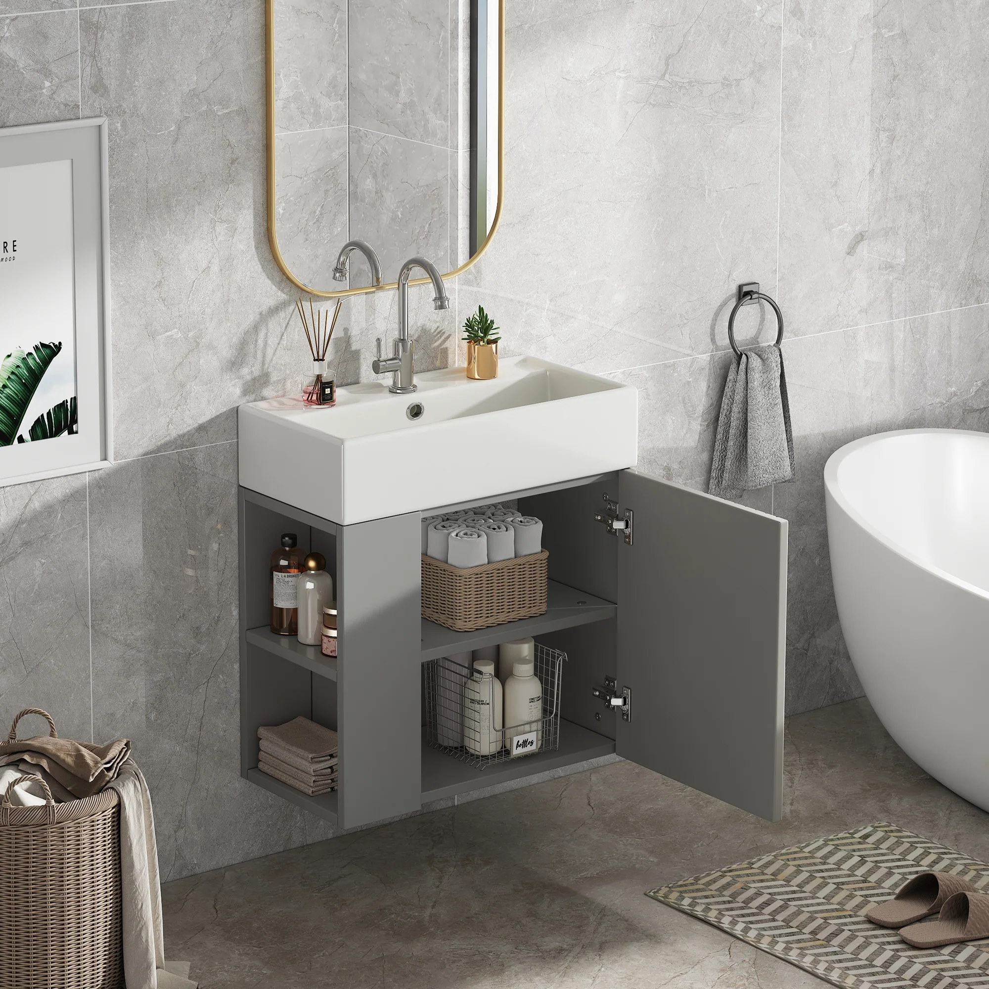 Bathroom Furniture Washbasin with Vanity Unit 55cm, Hanging, Light Grey - Image 8