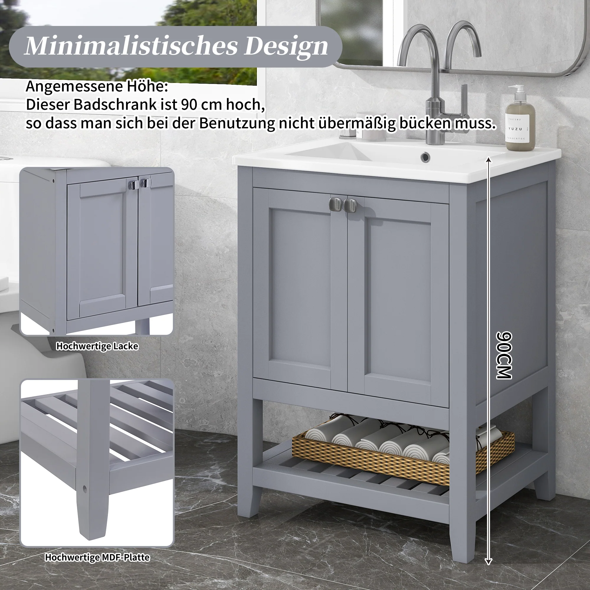 Bathroom Vanity Unit Base Cabinet 60cm Ceramic Washbasin Light Grey - Image 10