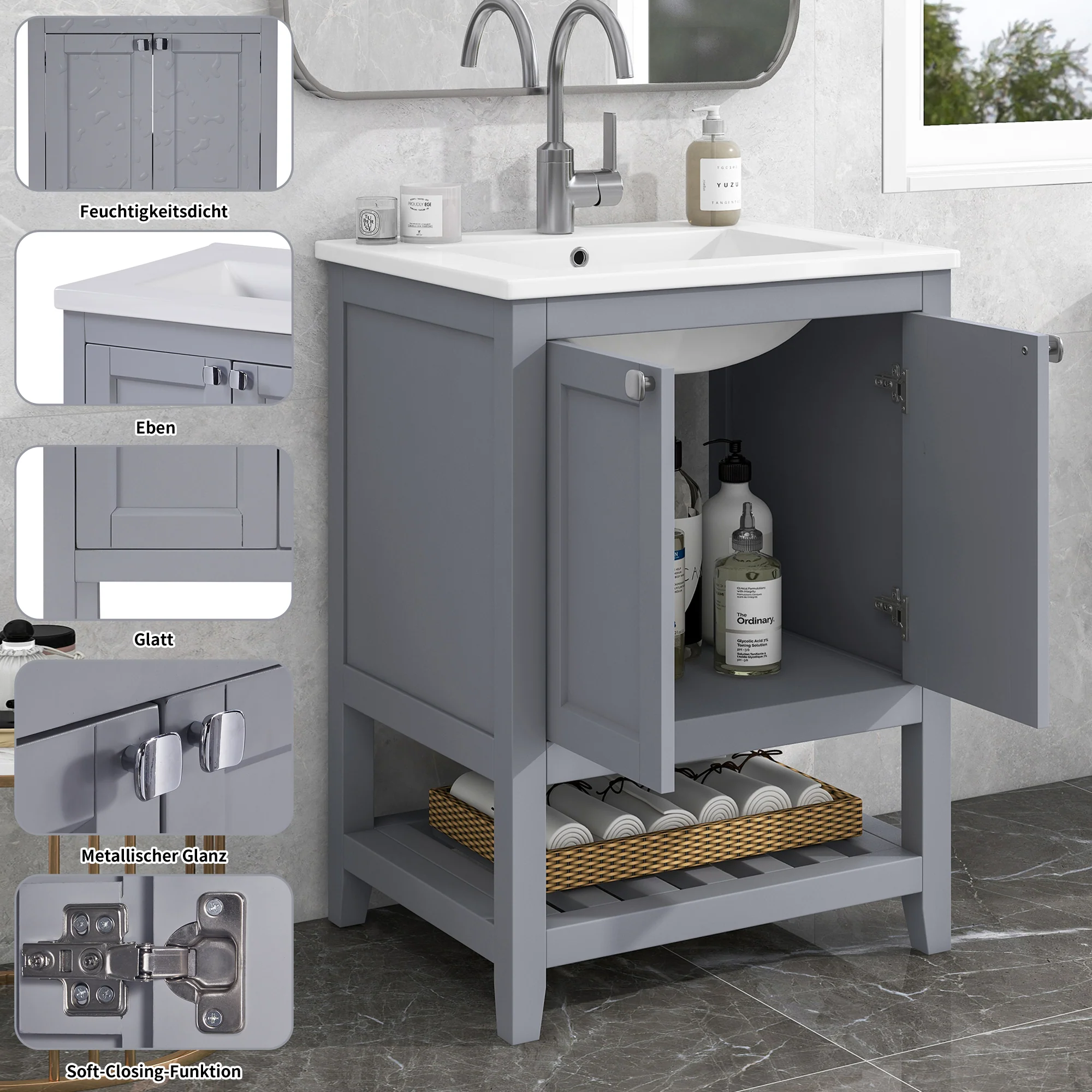 Bathroom Vanity Unit Base Cabinet 60cm Ceramic Washbasin Light Grey - Image 8