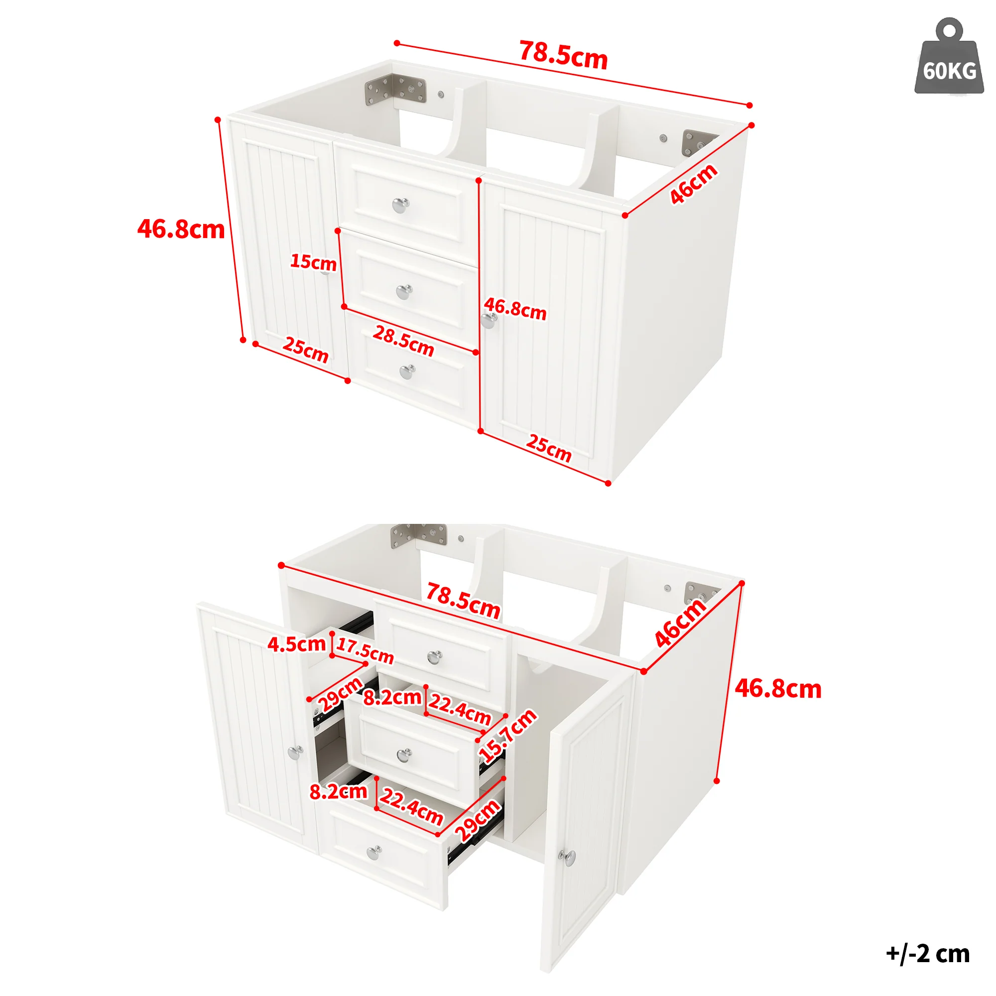 Bathroom Vanity Unit Wall-Mounted 3 Drawers Modern Style 78.5x46x46.8cm - White - Image 9