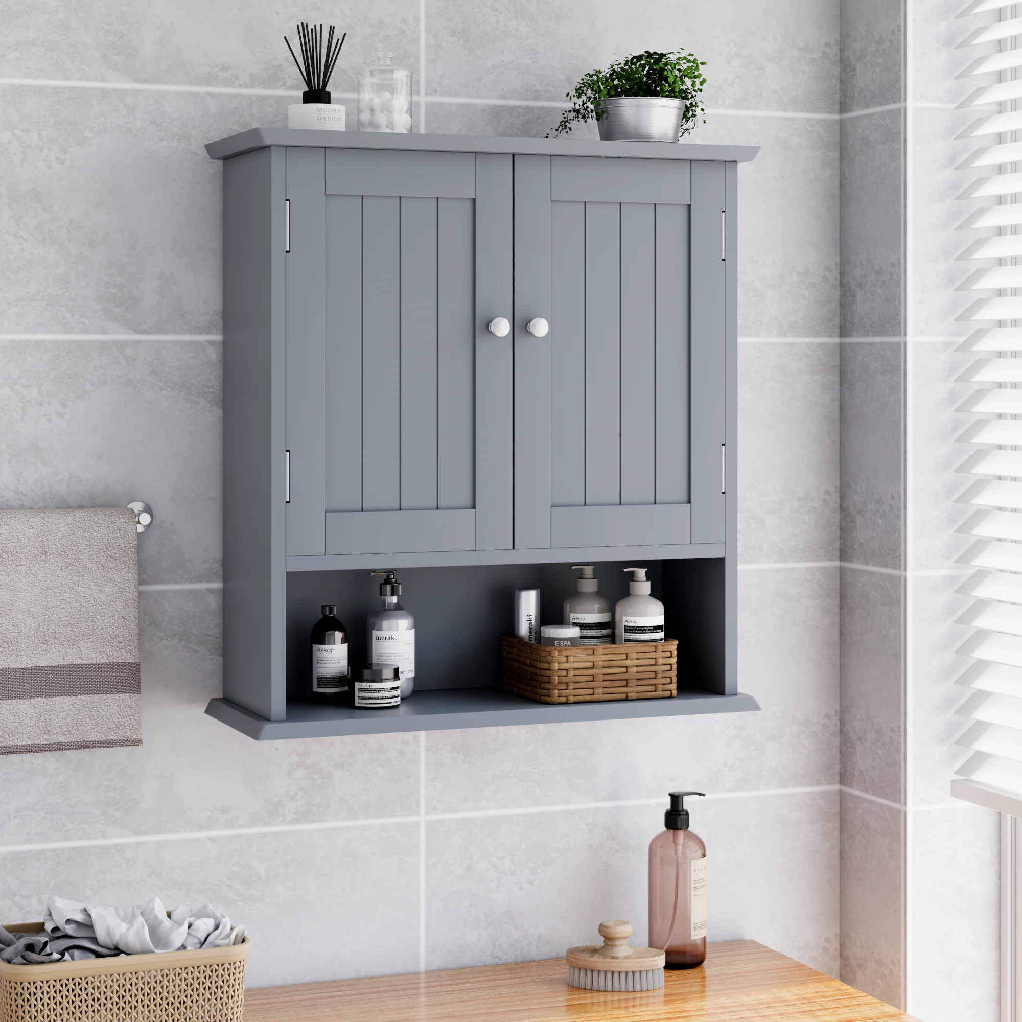 Bathroom Wall Cabinet with 2 Doors and Open Shelves - Image 4