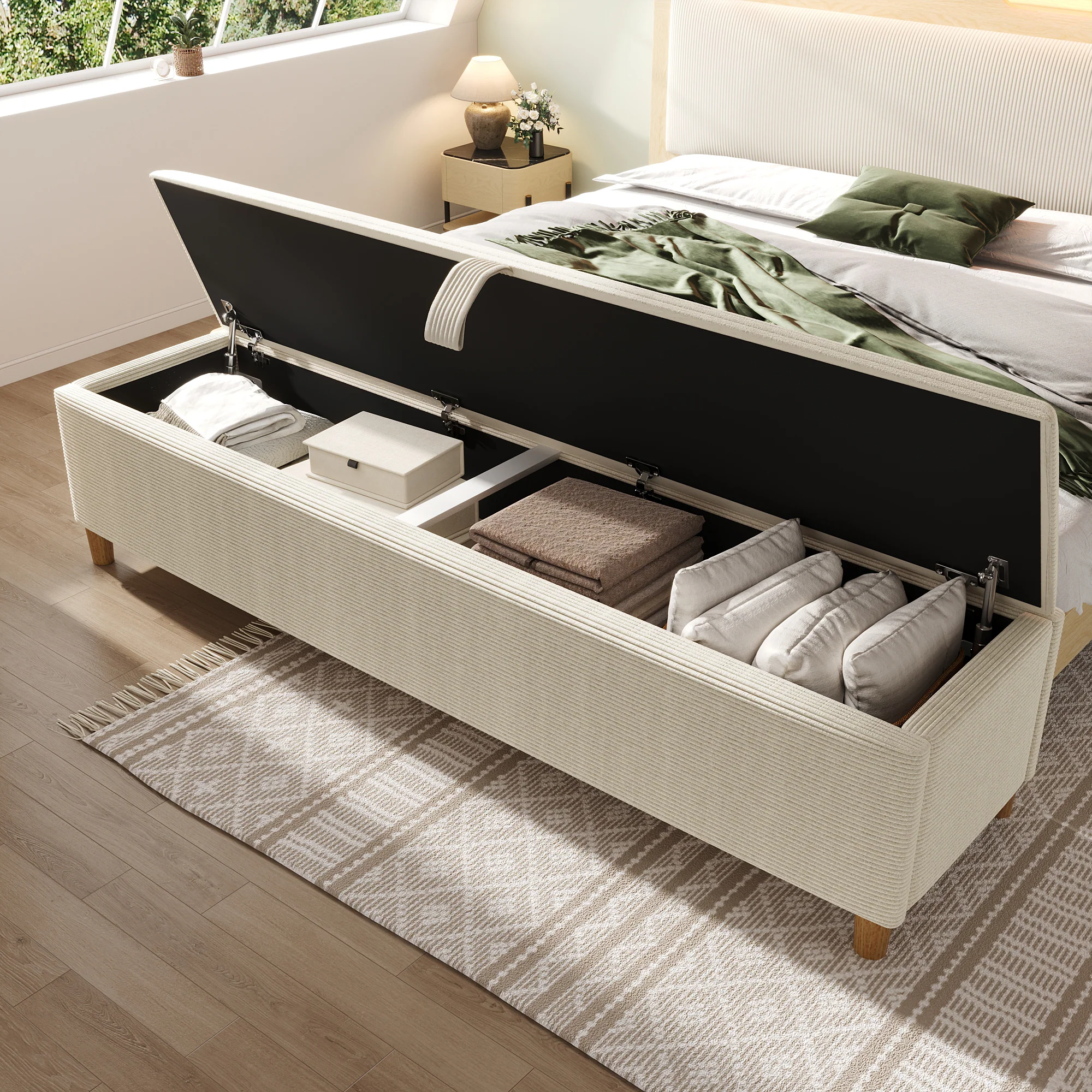 bed bench with storage space, 145 x 38 cm upholstered, beige corduroy