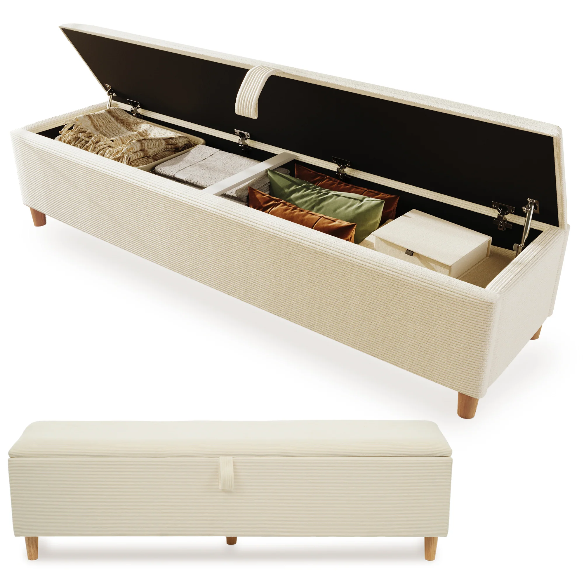 bed bench with storage space, 145 x 38 cm upholstered, beige corduroy - Image 2