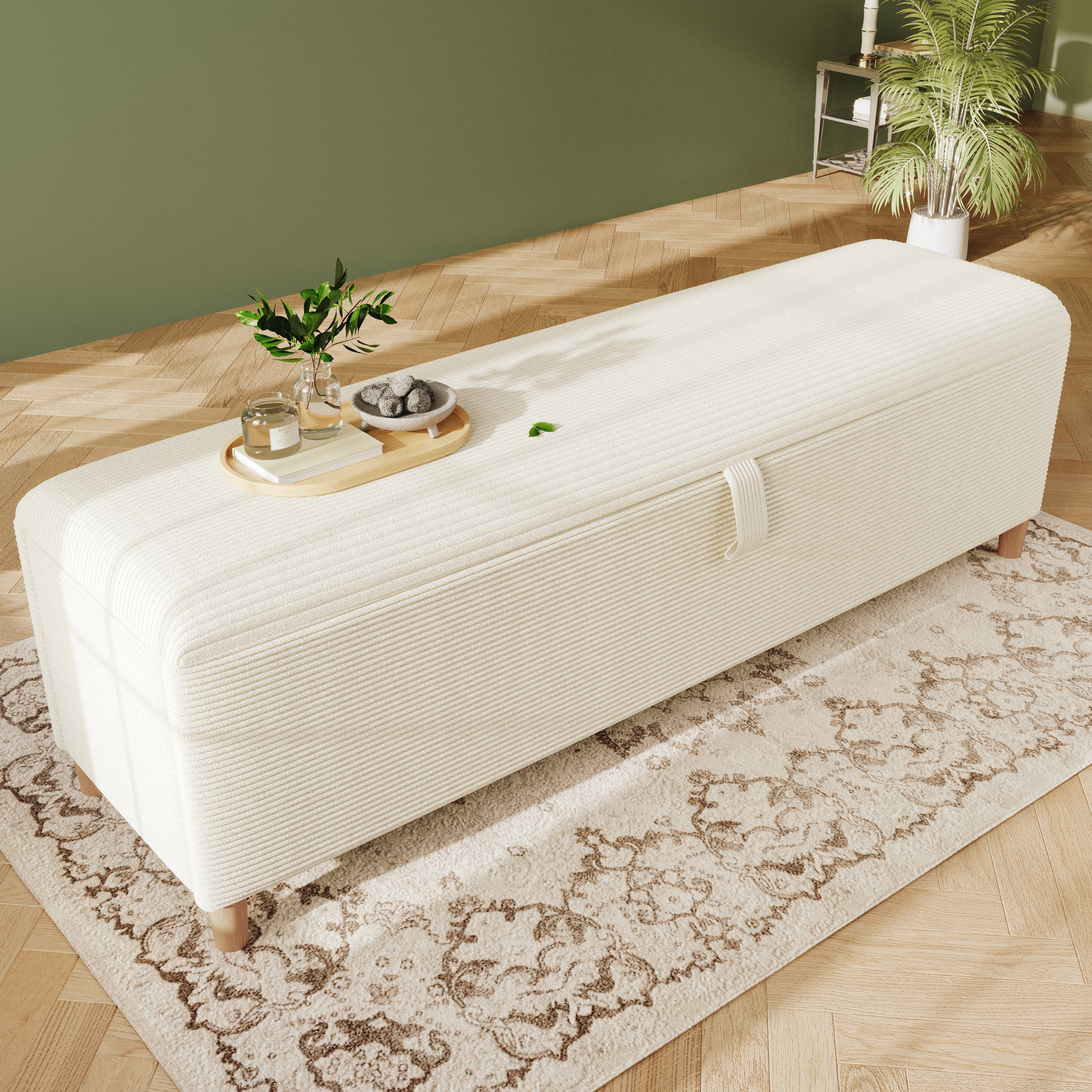 bed bench with storage space, 145 x 38 cm upholstered, beige corduroy - Image 7