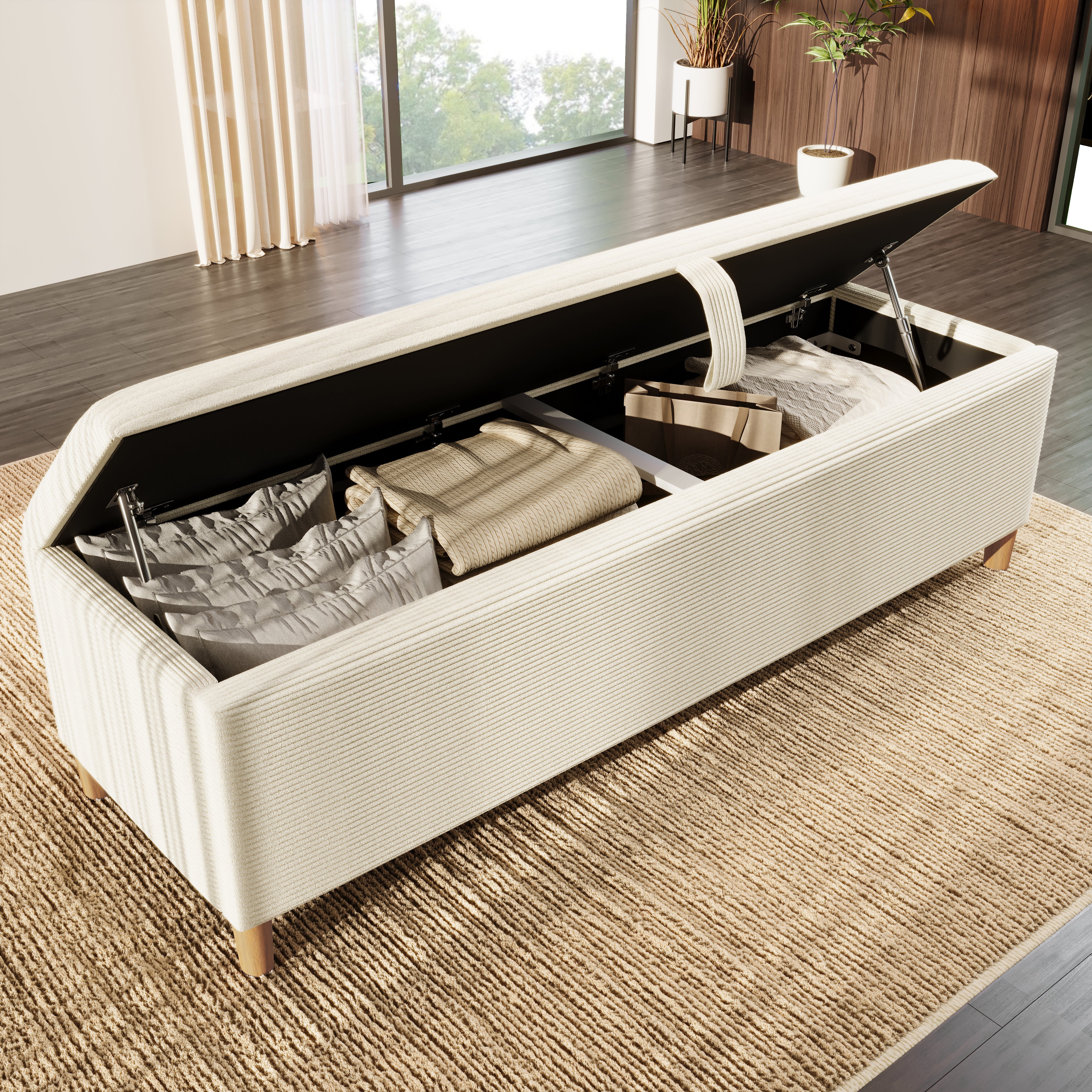 bed bench with storage space, 145 x 38 cm upholstered, beige corduroy - Image 8