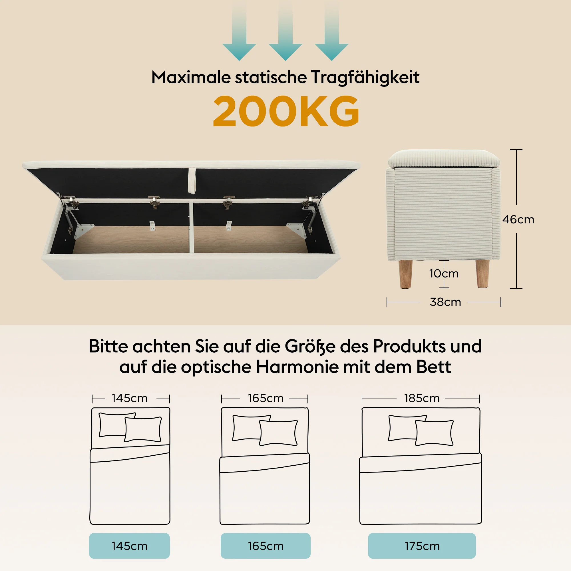 bed bench with storage space, 145 x 38 cm upholstered, beige corduroy - Image 9