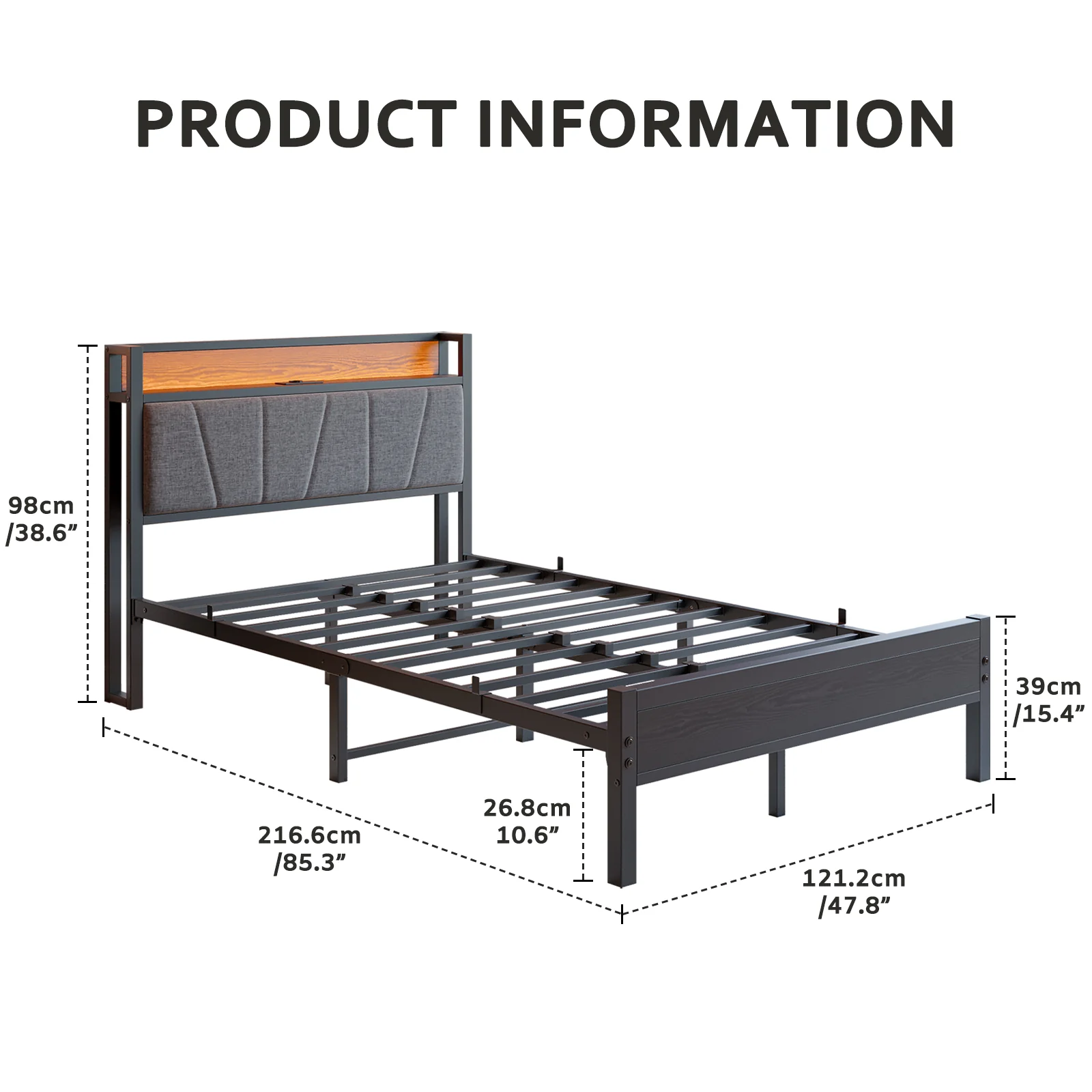 Bed Frame 120x200cm Smart LED USB Memory Headboard - Metal Slatted - Image 10