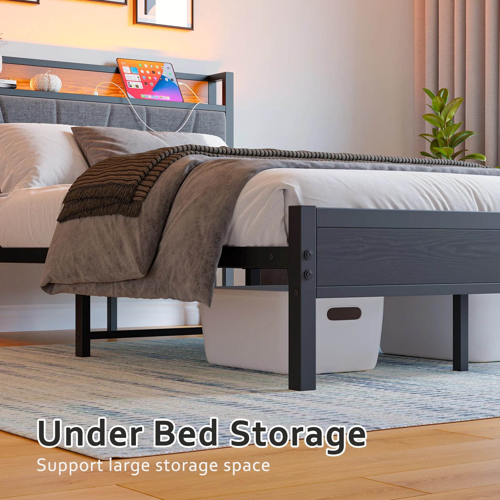 Bed Frame 120x200cm Smart LED USB Memory Headboard - Metal Slatted - Image 5