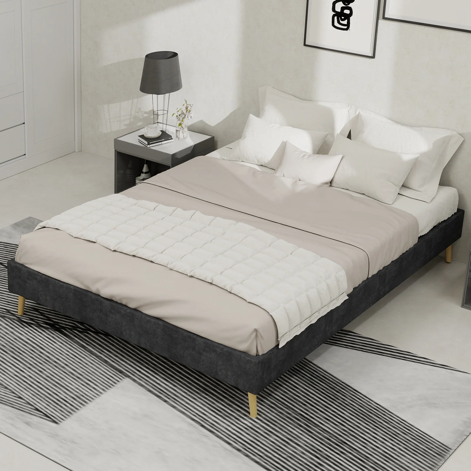 Bed Frame 140x200cm Minimalist Low Box Dutch Velvet Gray