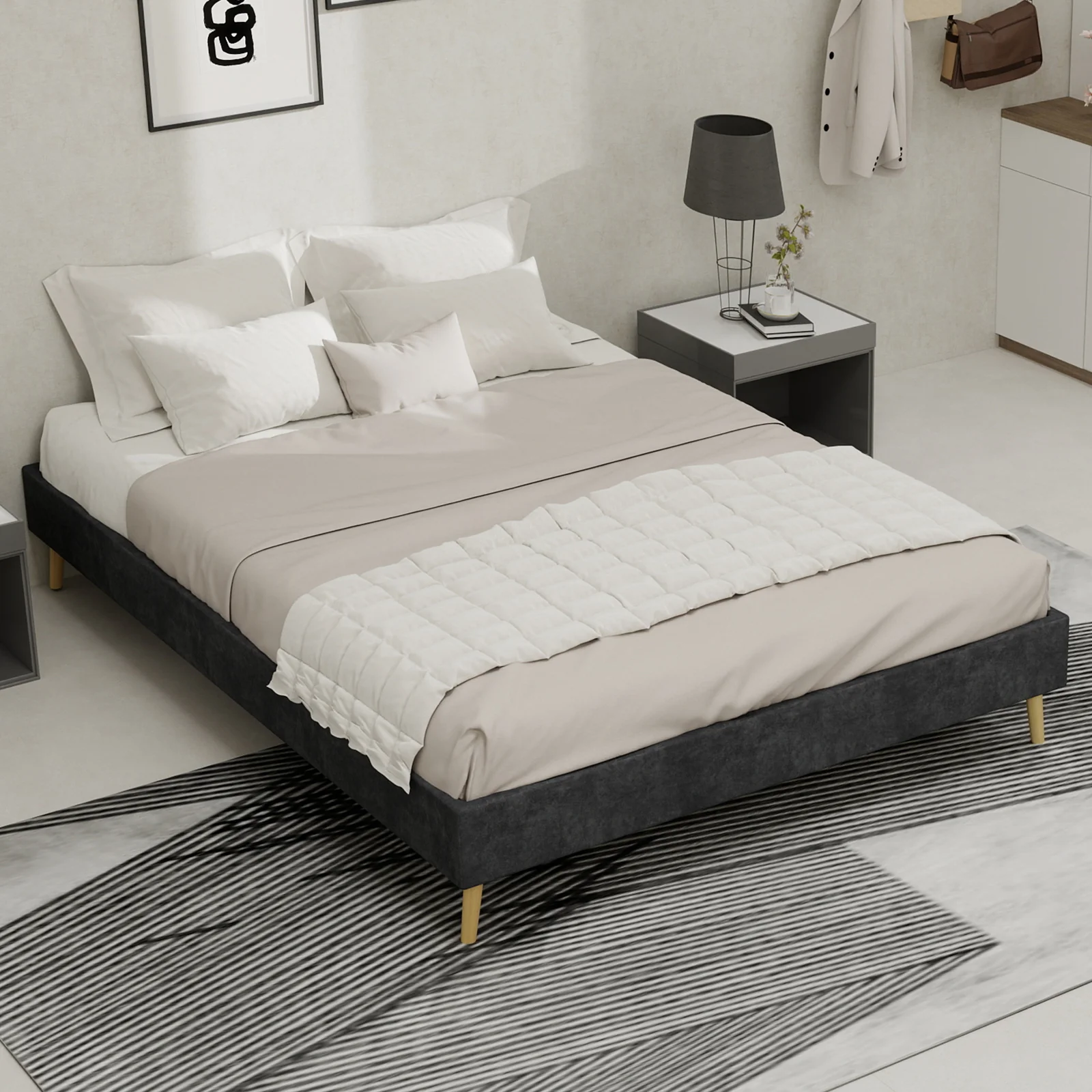 Bed Frame 140x200cm Minimalist Low Box Dutch Velvet Gray - Image 4