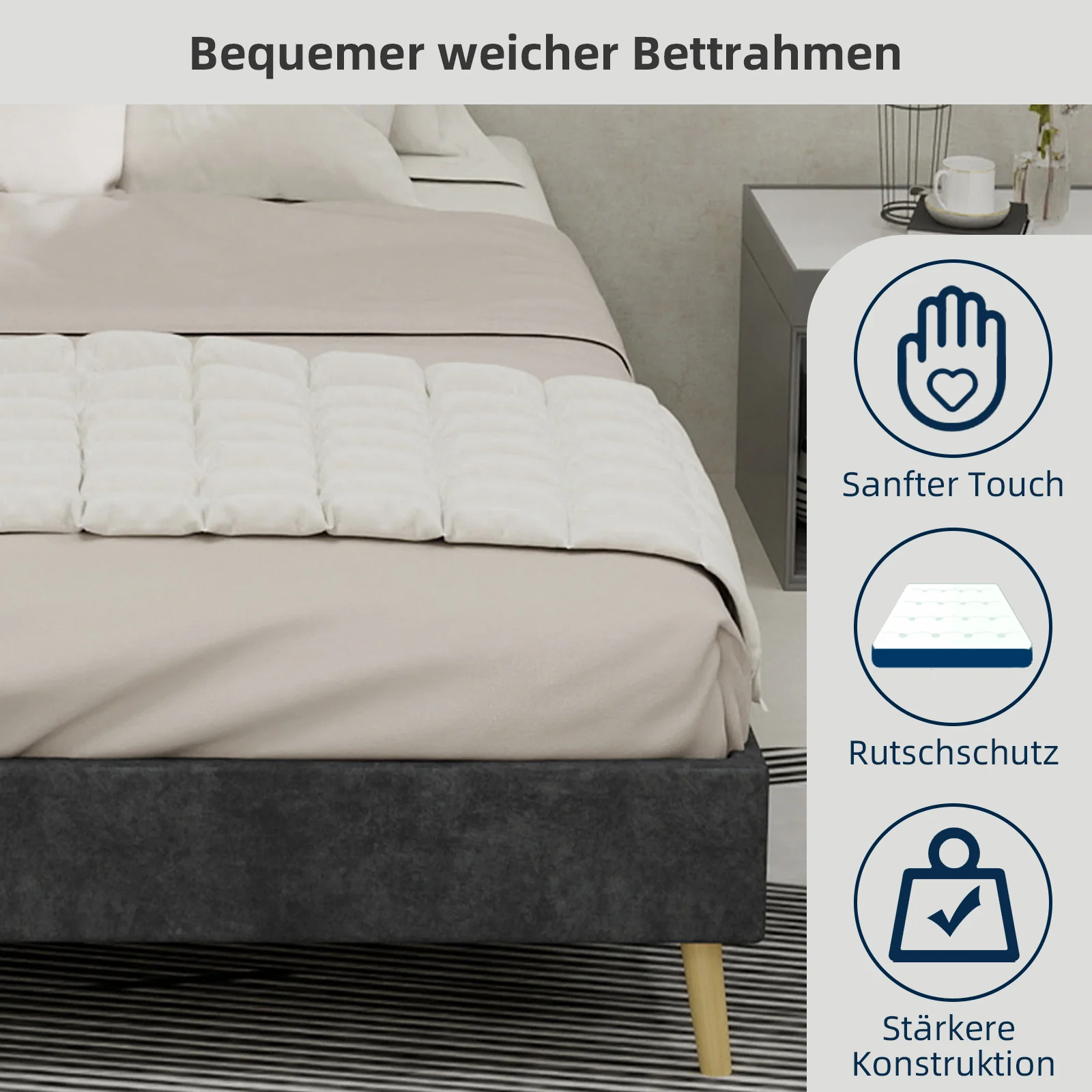 Bed Frame 140x200cm Minimalist Low Box Dutch Velvet Gray - Image 9