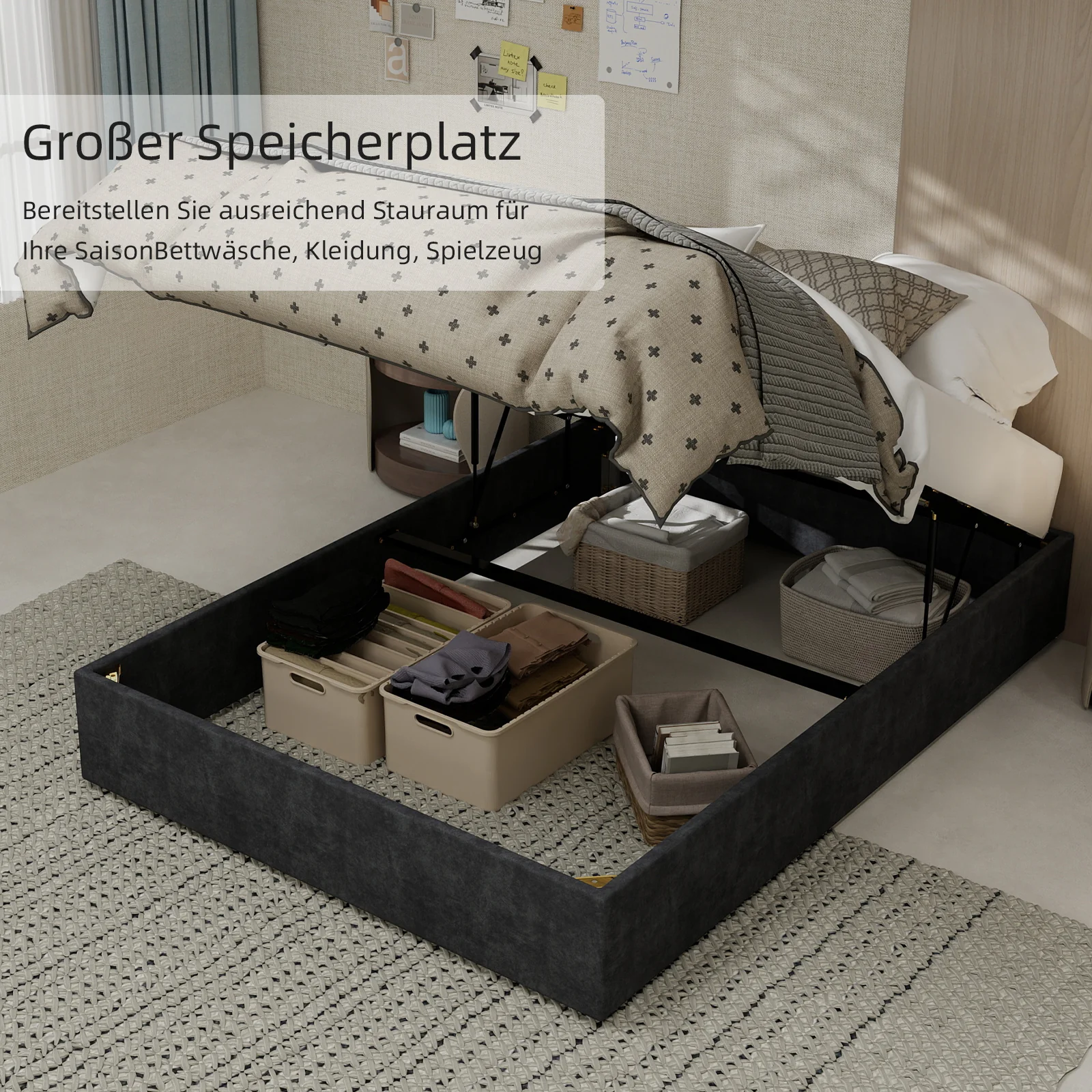 Bed Frame 140x200cm with Gas Lift - Dutch Velvet Grey - Image 8
