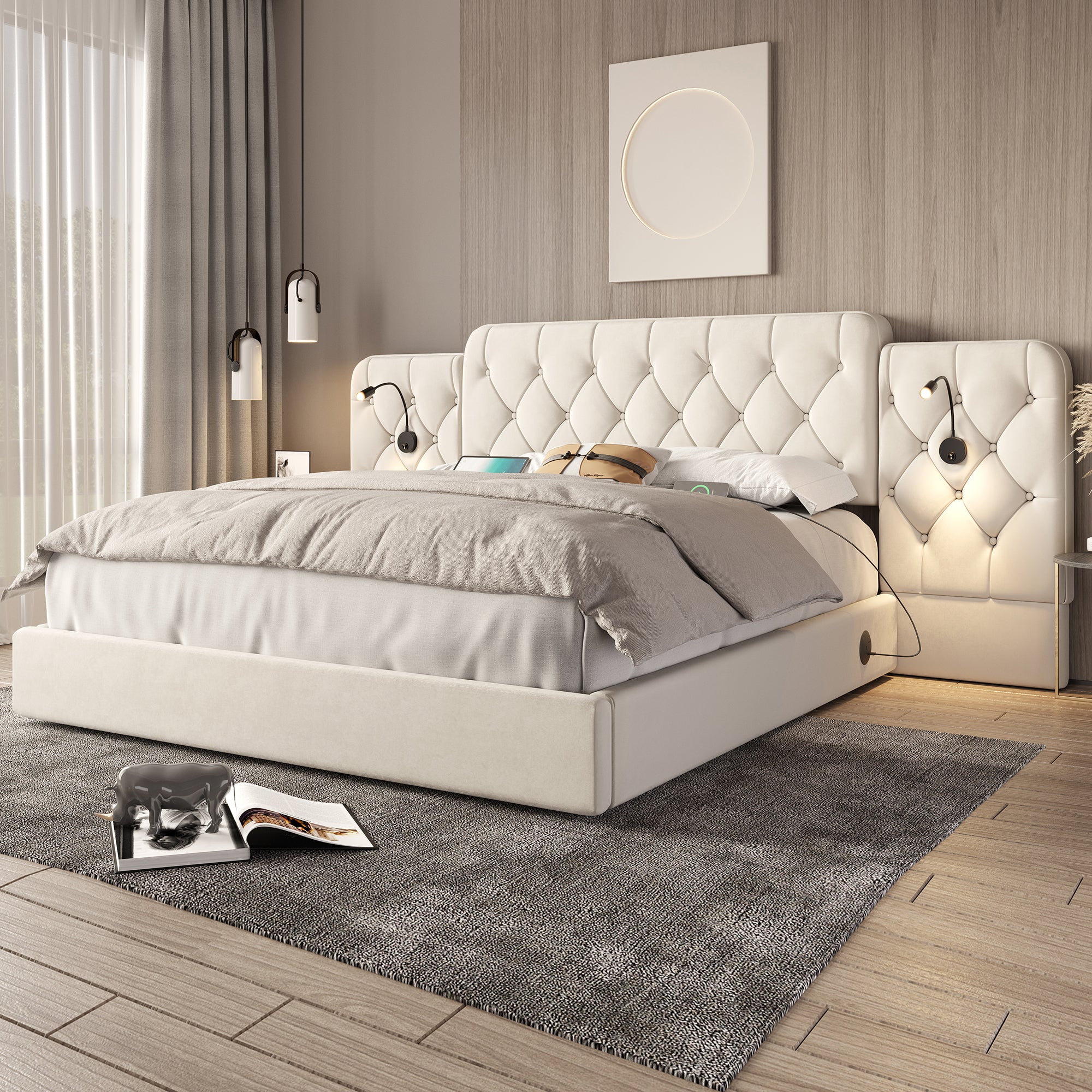 Bed Frame 160x200cm Hydraulic Storage Long Headboard USB Desk Lamp - Velvet Beige - Image 10