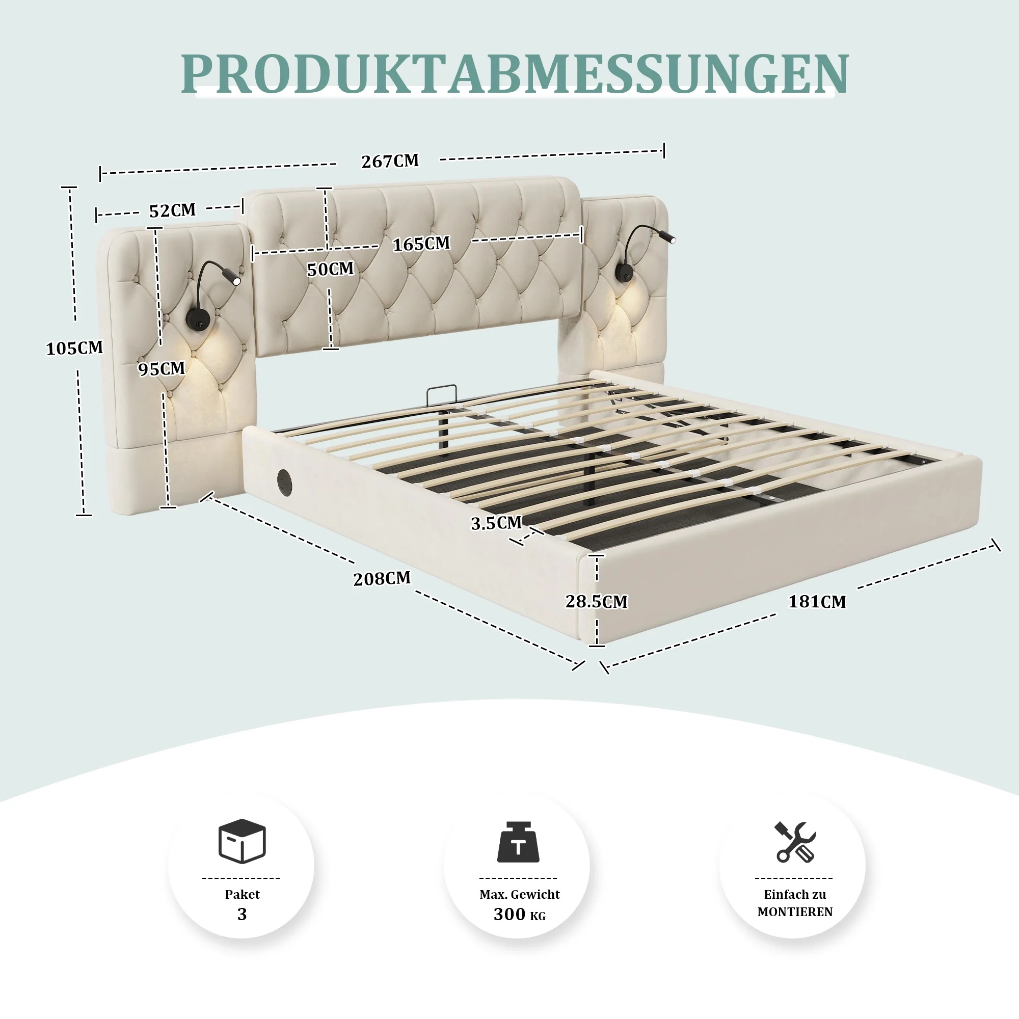 Bed Frame 160x200cm Hydraulic Storage Long Headboard USB Desk Lamp - Velvet Beige - Image 2