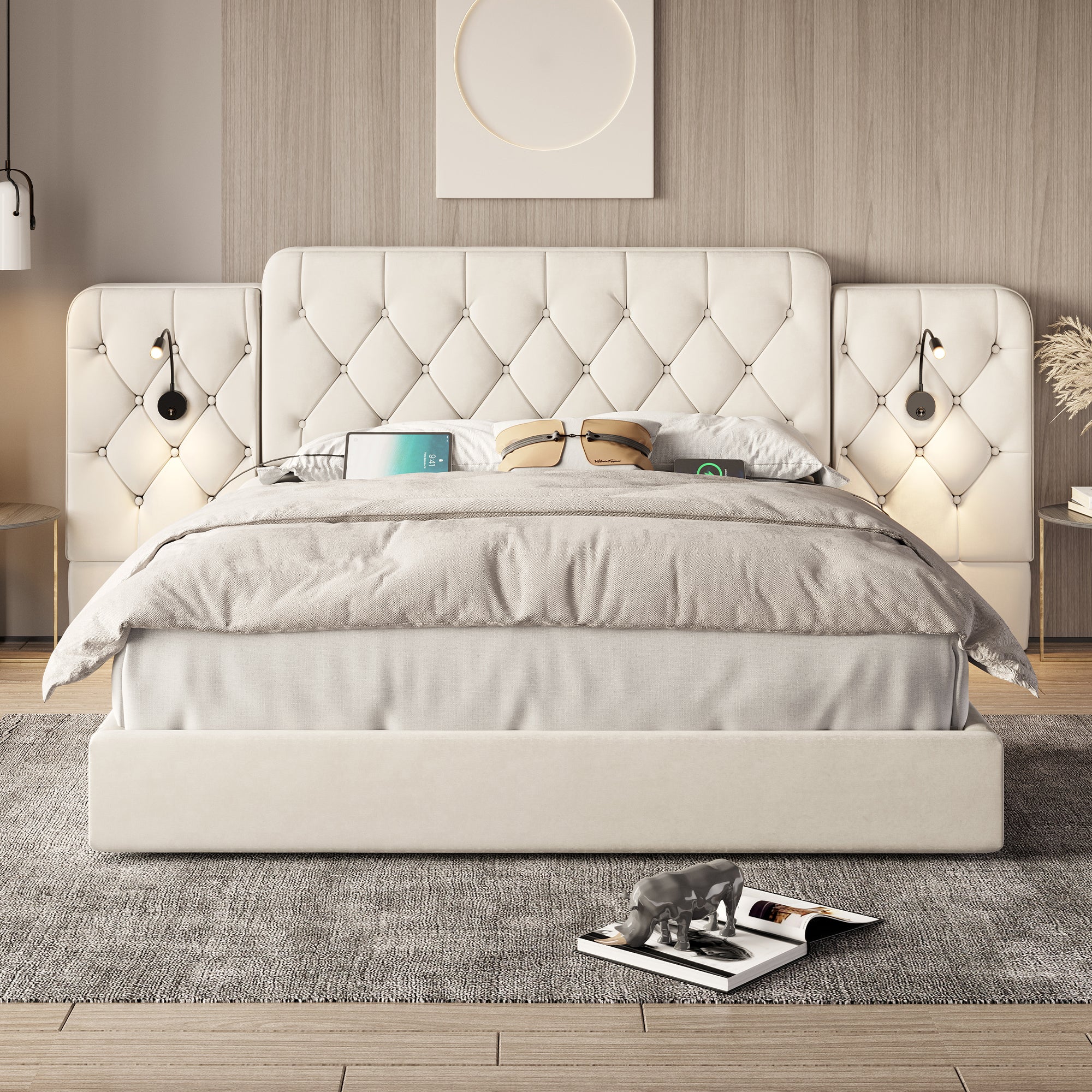 Bed Frame 160x200cm Hydraulic Storage Long Headboard USB Desk Lamp - Velvet Beige - Image 3