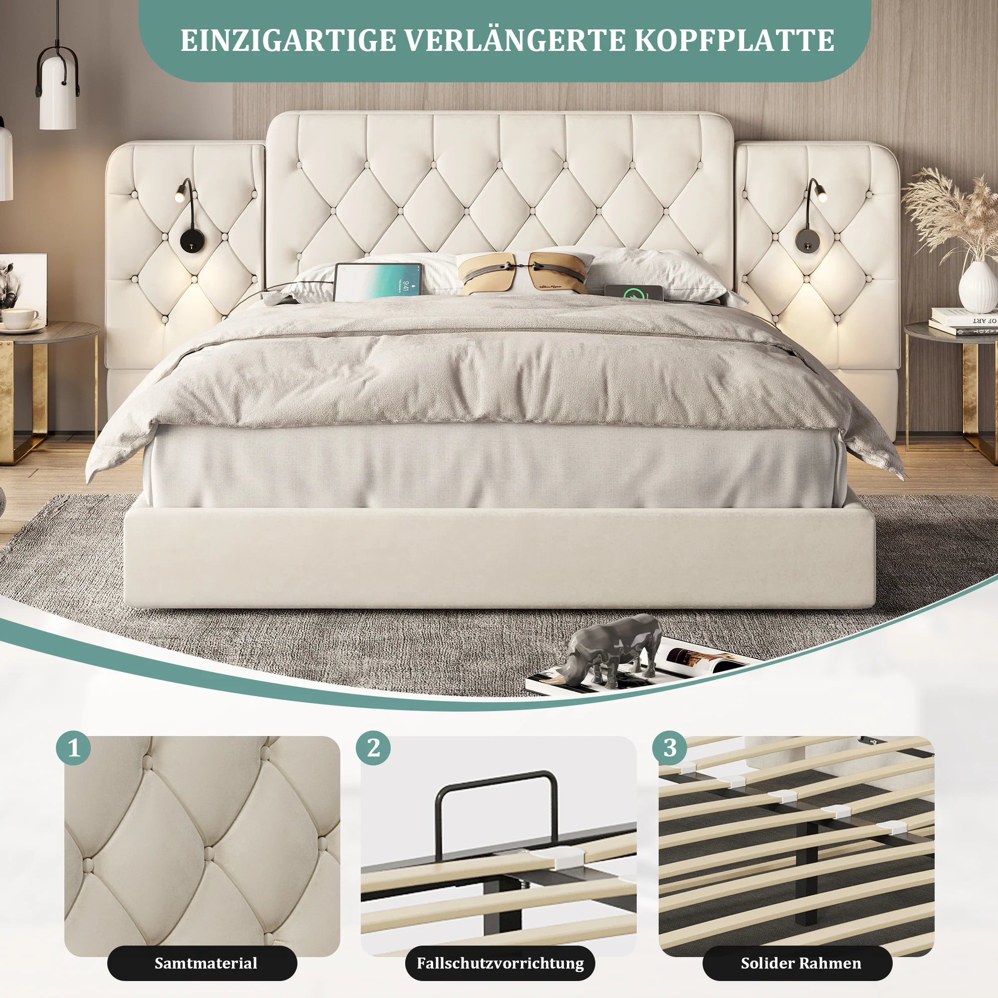 Bed Frame 160x200cm Hydraulic Storage Long Headboard USB Desk Lamp - Velvet Beige - Image 4