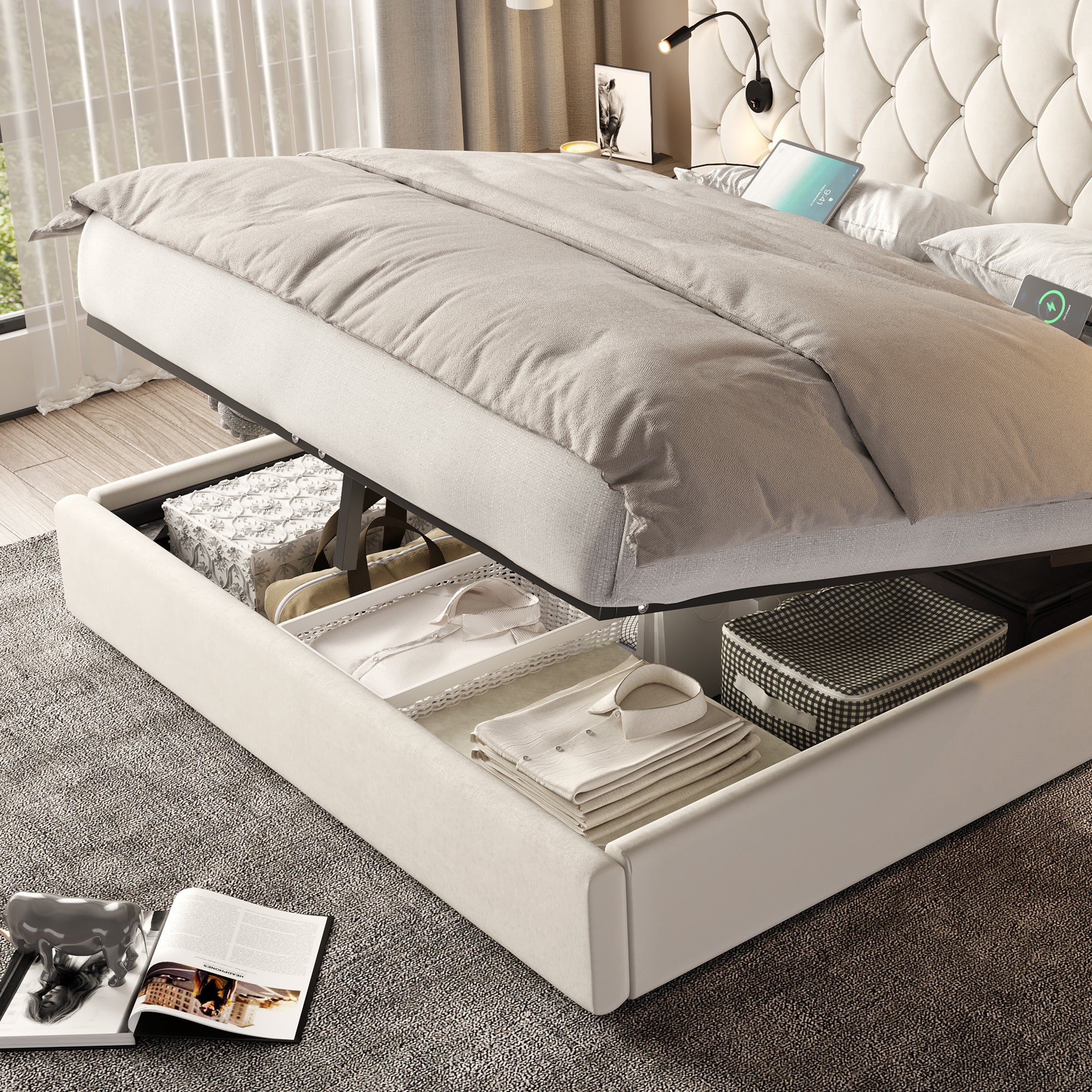 Bed Frame 160x200cm Hydraulic Storage Long Headboard USB Desk Lamp - Velvet Beige - Image 6