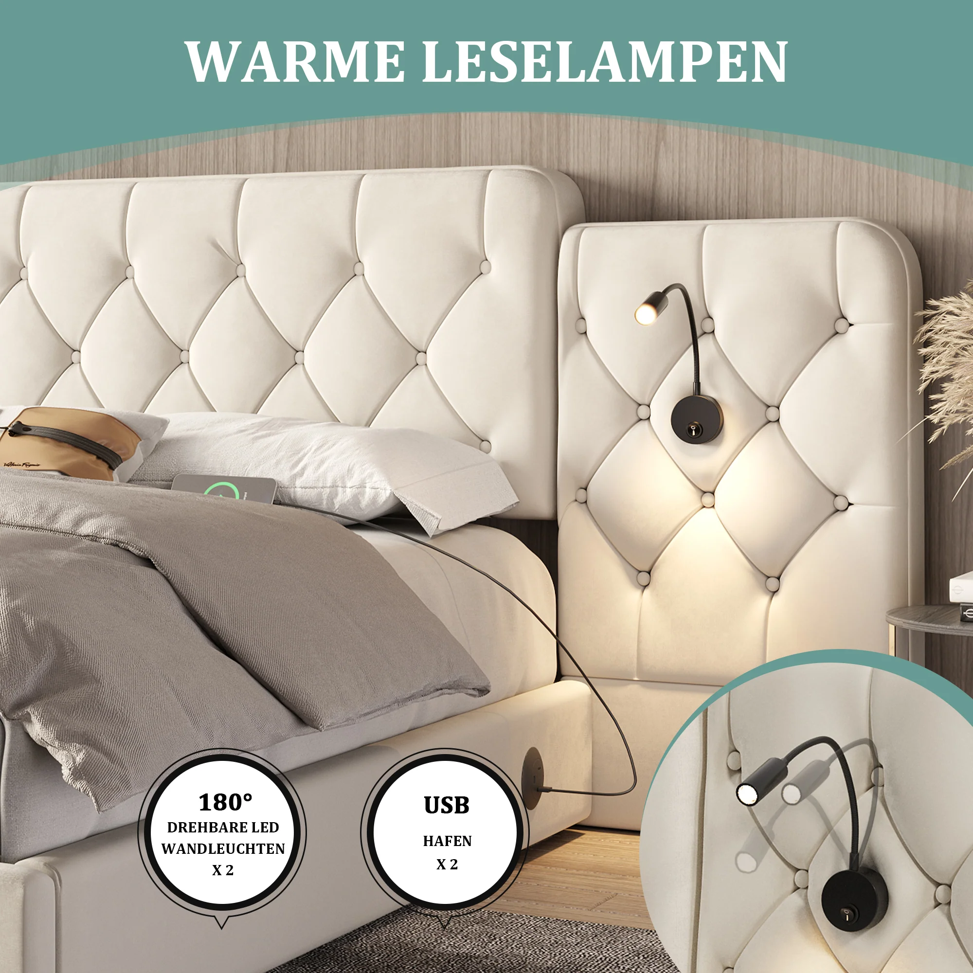Bed Frame 160x200cm Hydraulic Storage Long Headboard USB Desk Lamp - Velvet Beige - Image 7