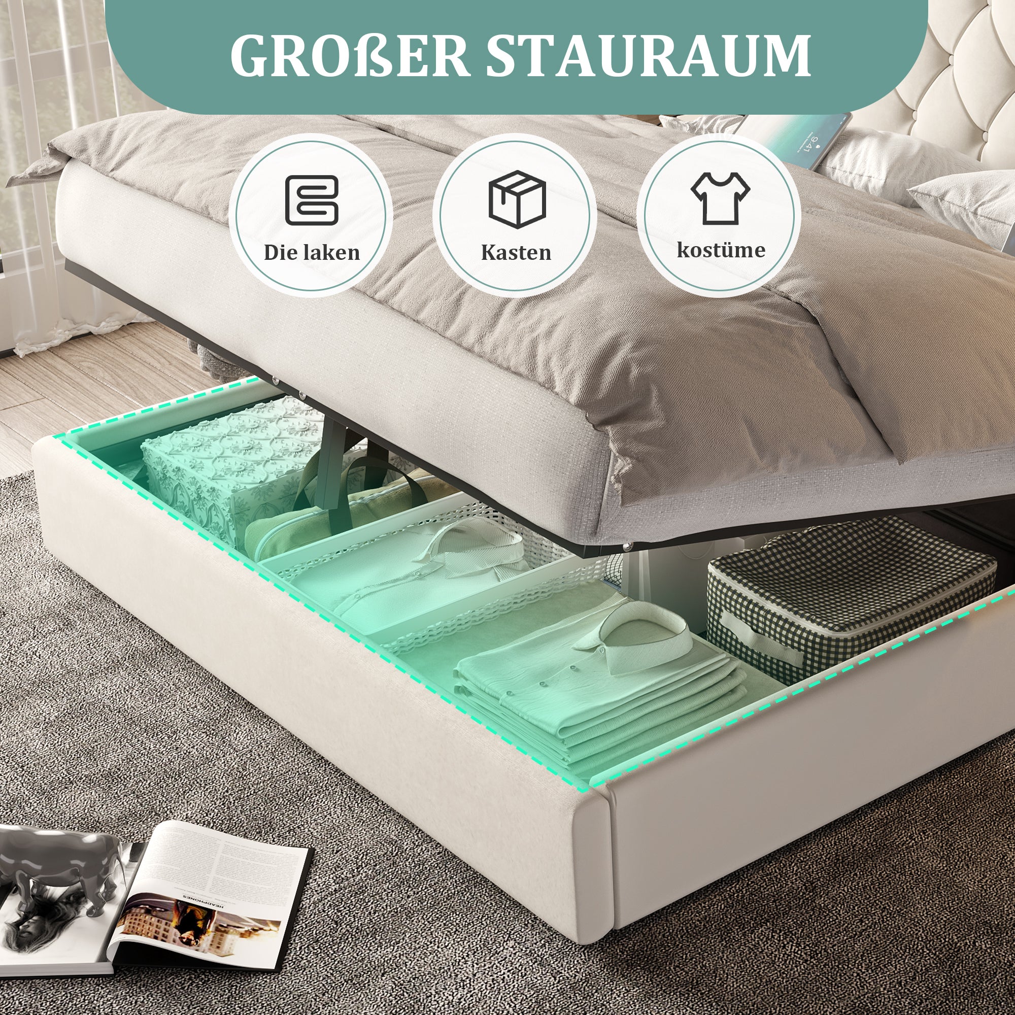 Bed Frame 160x200cm Hydraulic Storage Long Headboard USB Desk Lamp - Velvet Beige - Image 8