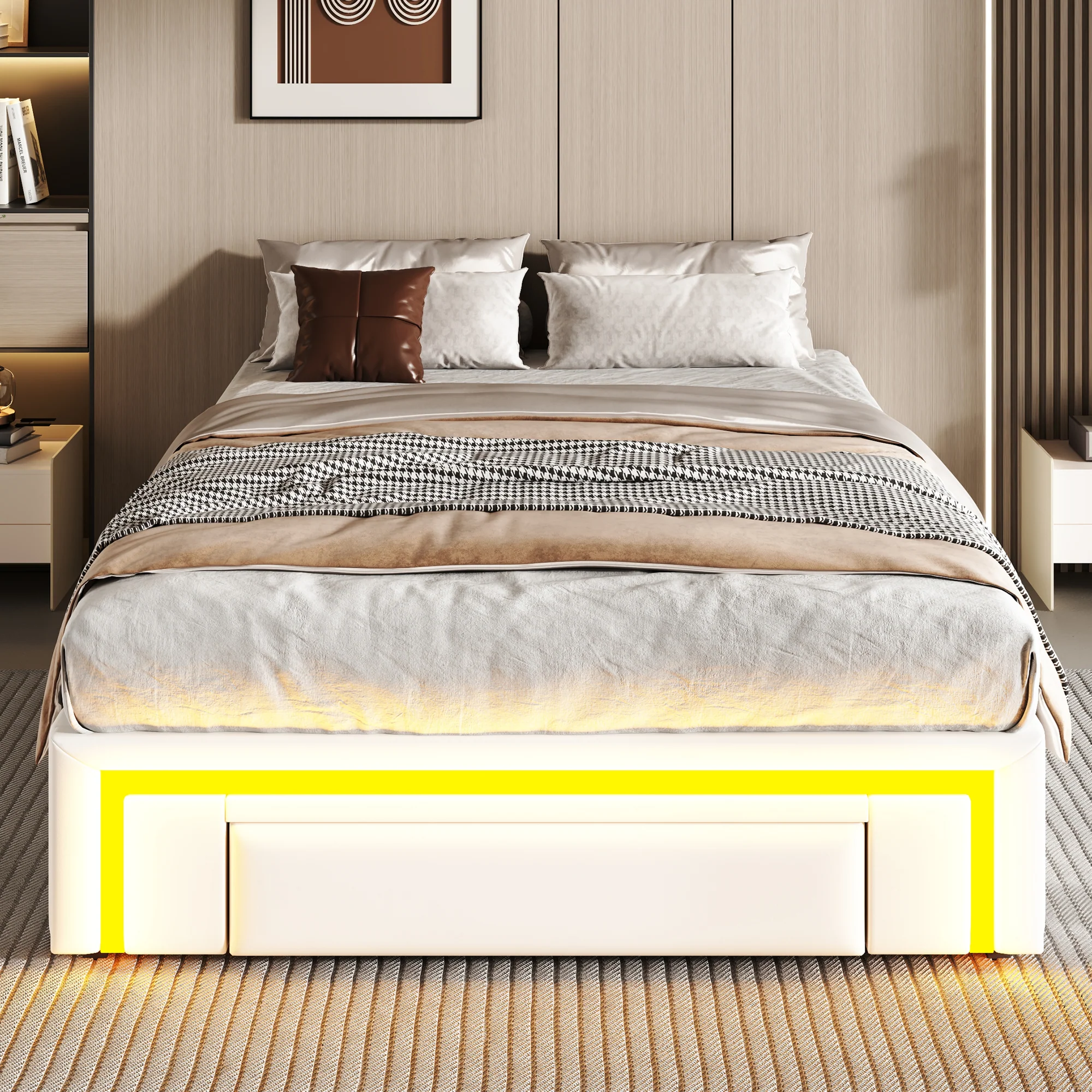 Bed Frame 90x200cm Platform LED Drawers Metal Slats - White PU Leather - Image 2